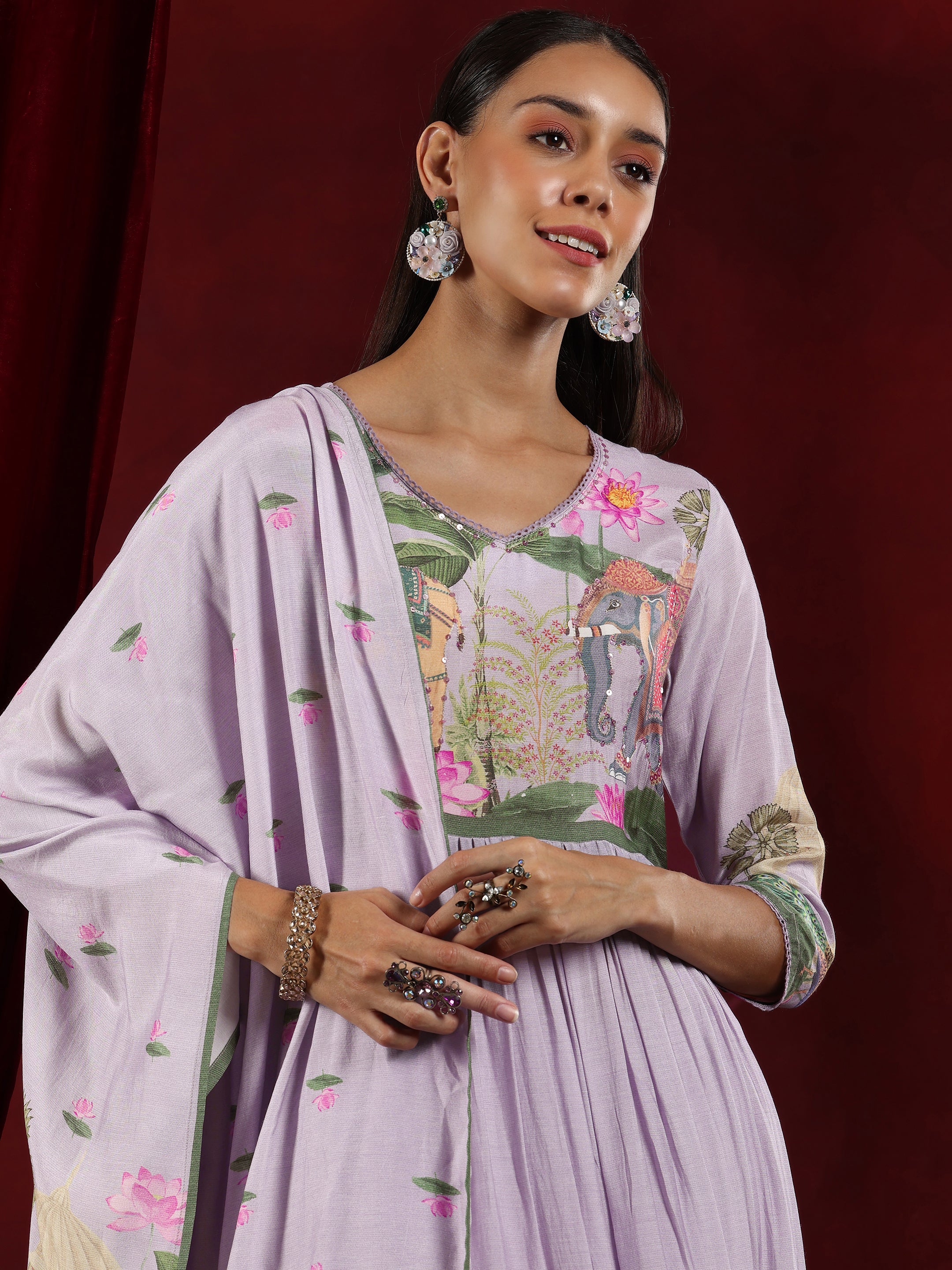 Libas Art Lilac Printed Cotton Blend Anarkali Suit With Dupatta