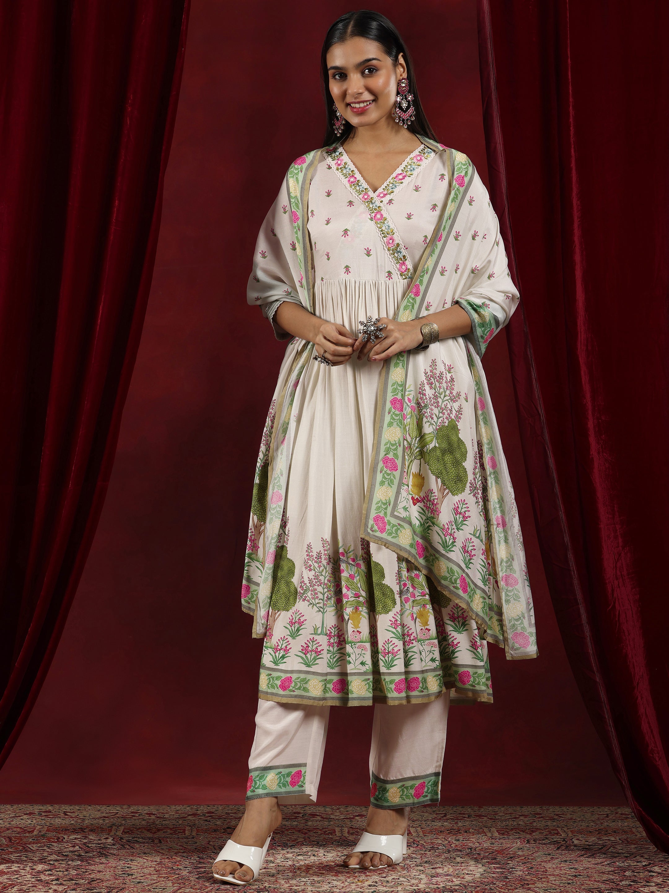 Libas Art Off White Printed Cotton Blend Anarkali Suit With Dupatta