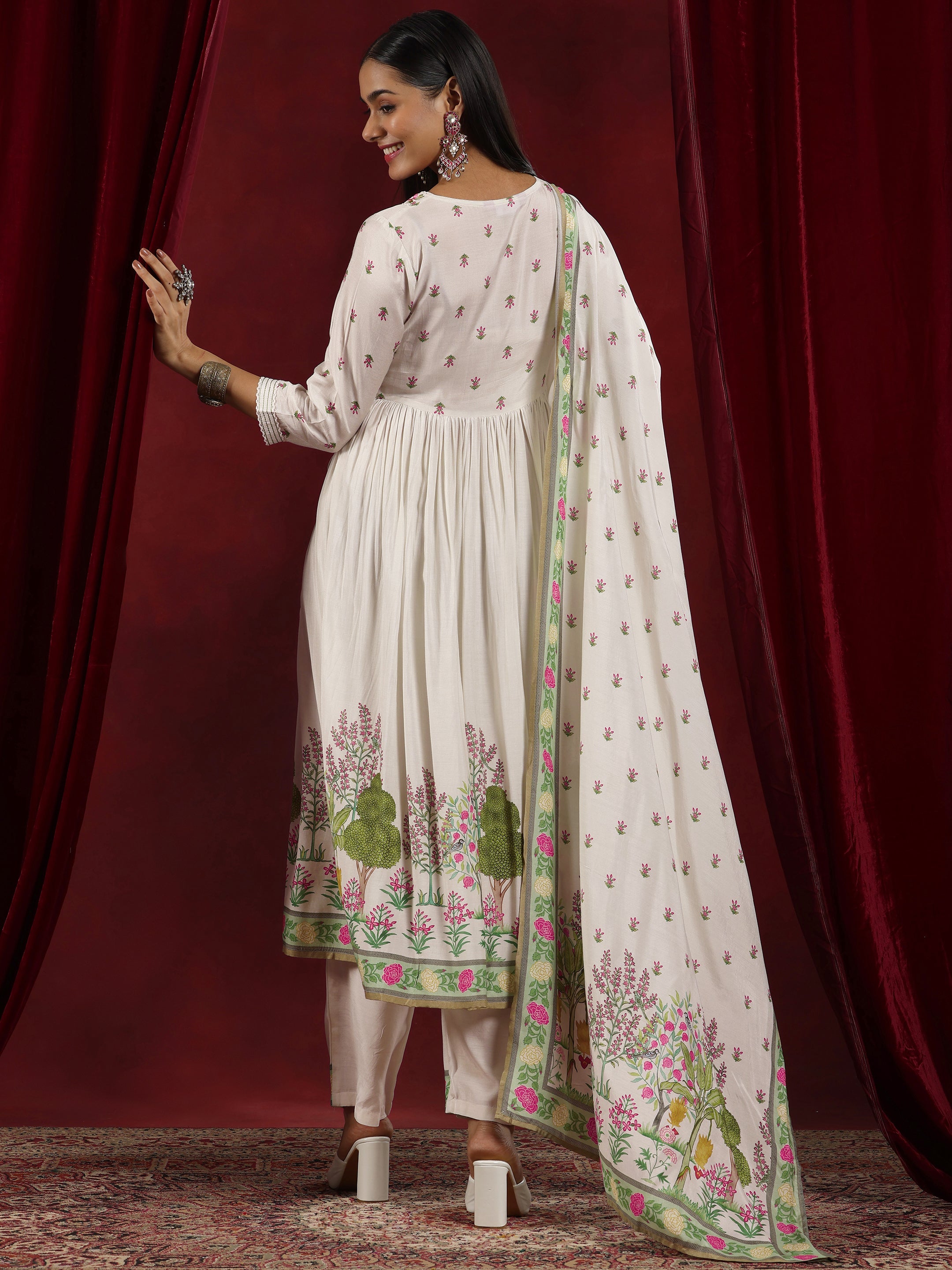 Libas Art Off White Printed Cotton Blend Anarkali Suit With Dupatta