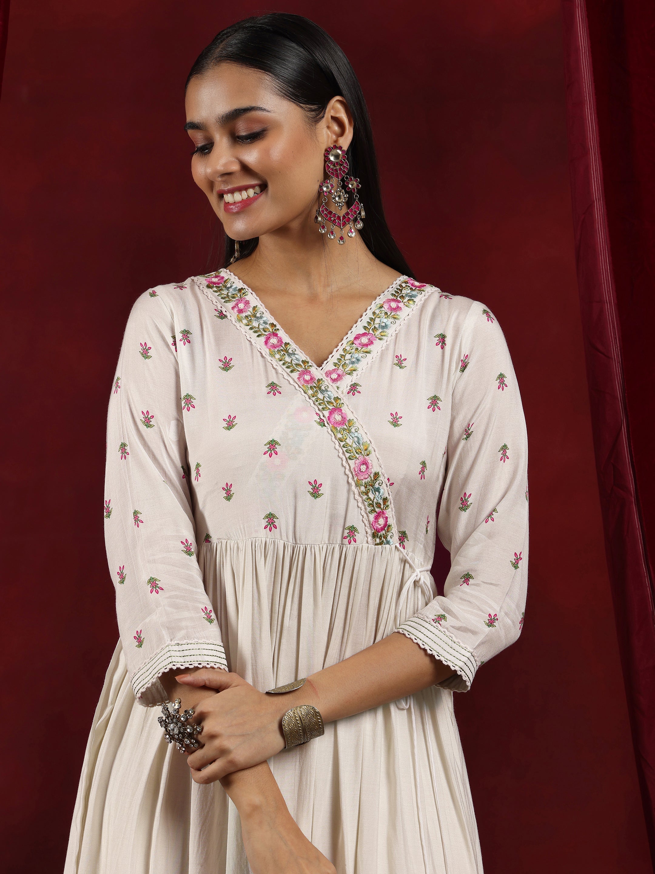 Libas Art Off White Printed Cotton Blend Anarkali Suit With Dupatta