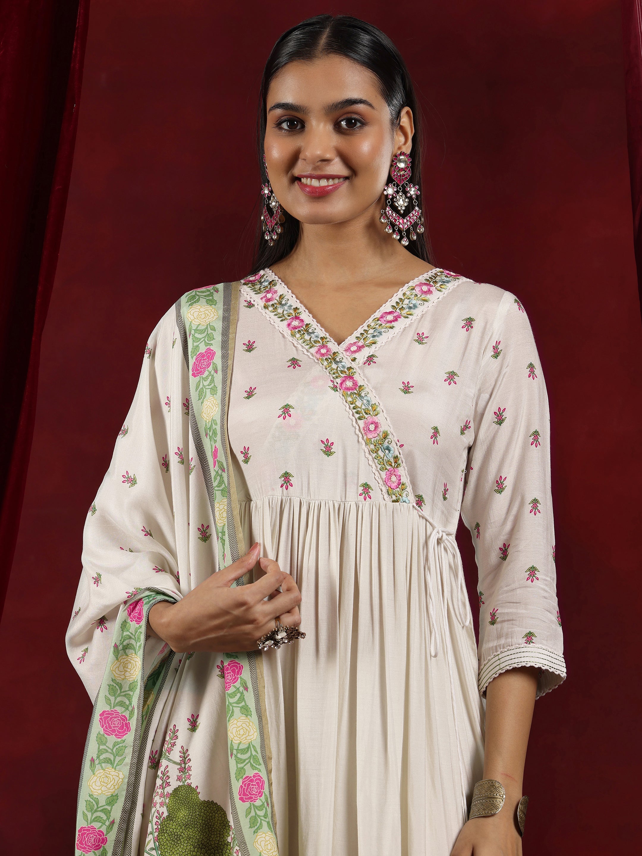 Libas Art Off White Printed Cotton Blend Anarkali Suit With Dupatta