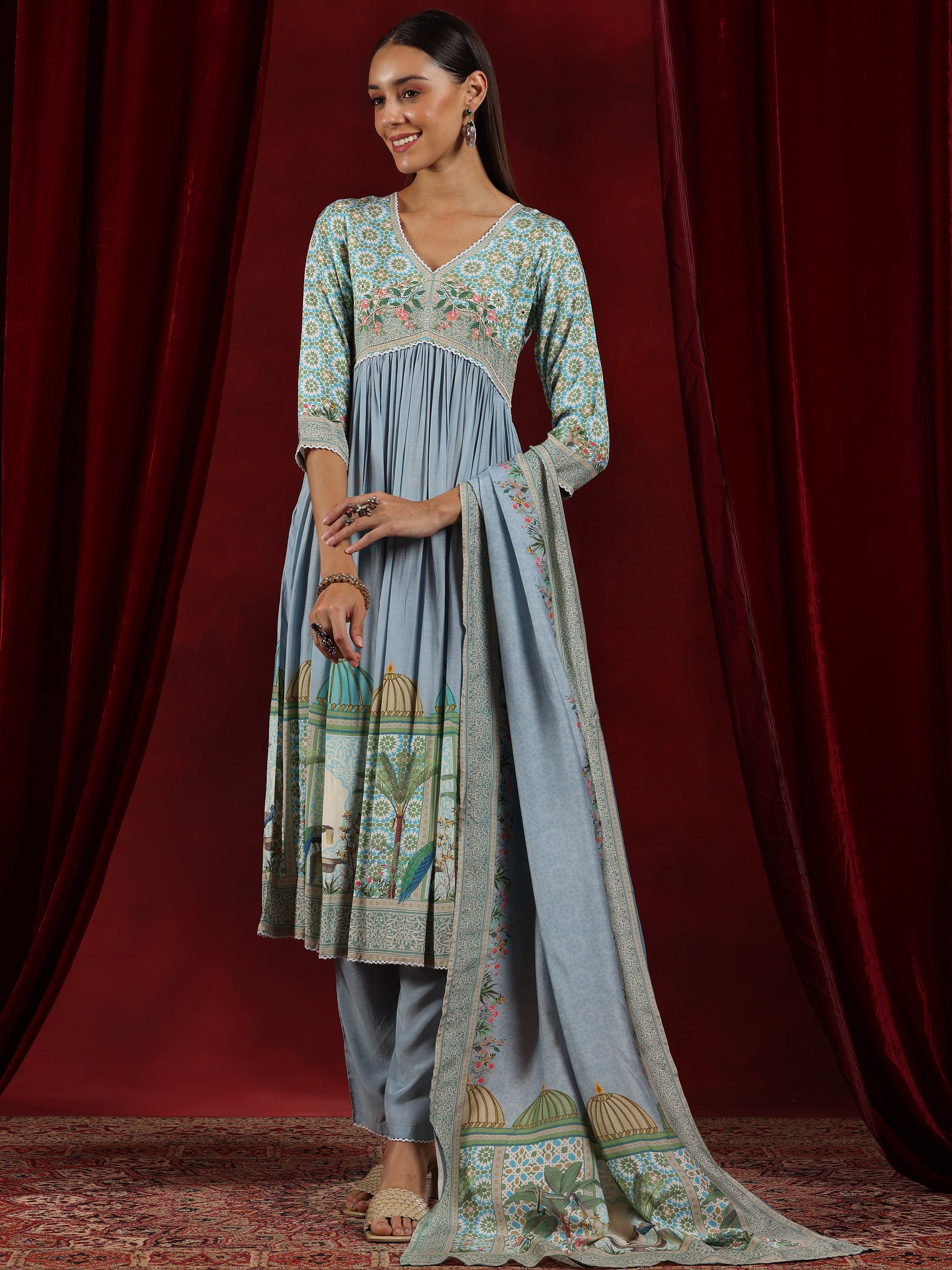 Libas Art Blue Printed Cotton Blend Anarkali Suit With Dupatta