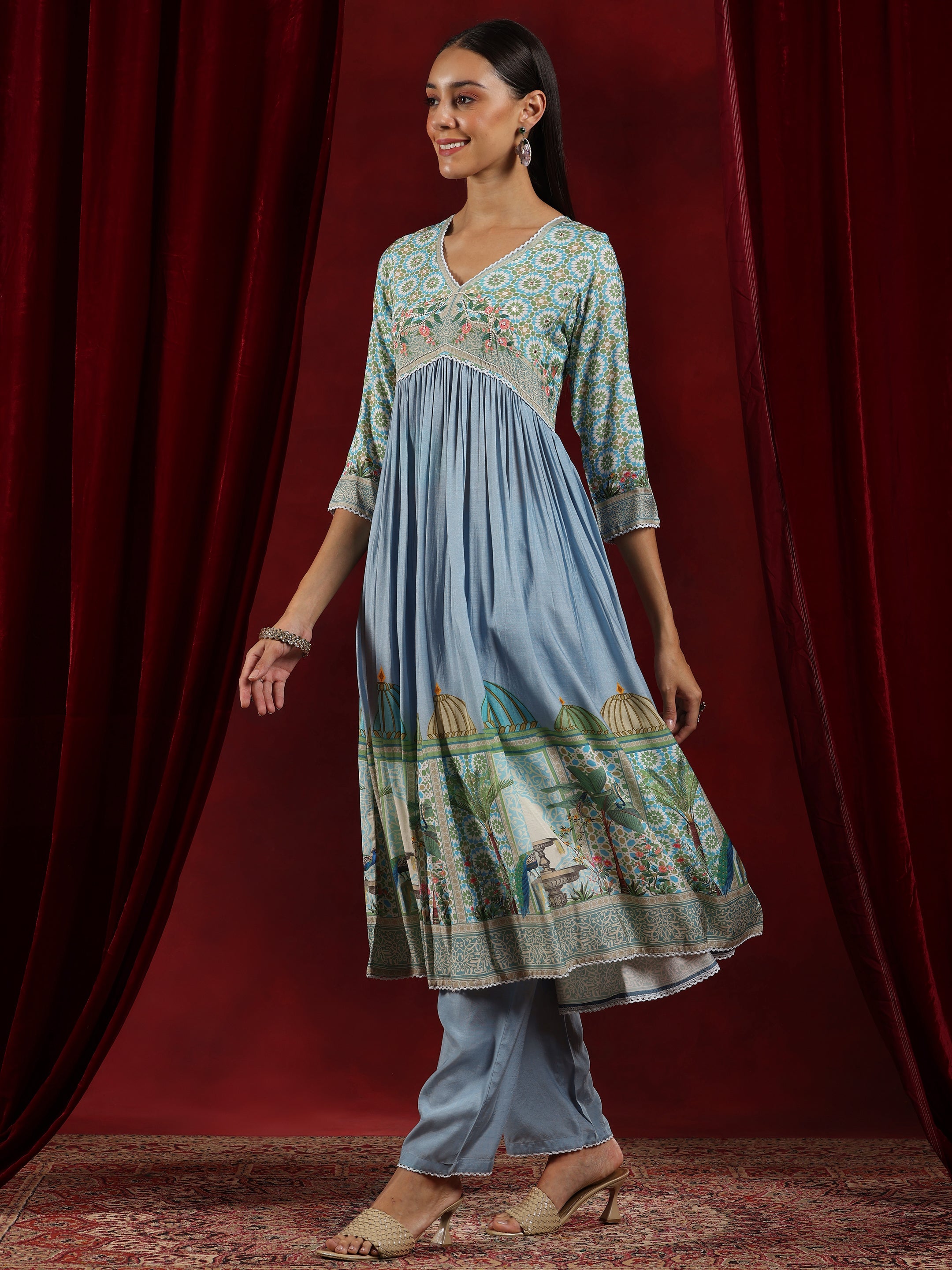 Libas Art Blue Printed Cotton Blend Anarkali Suit With Dupatta