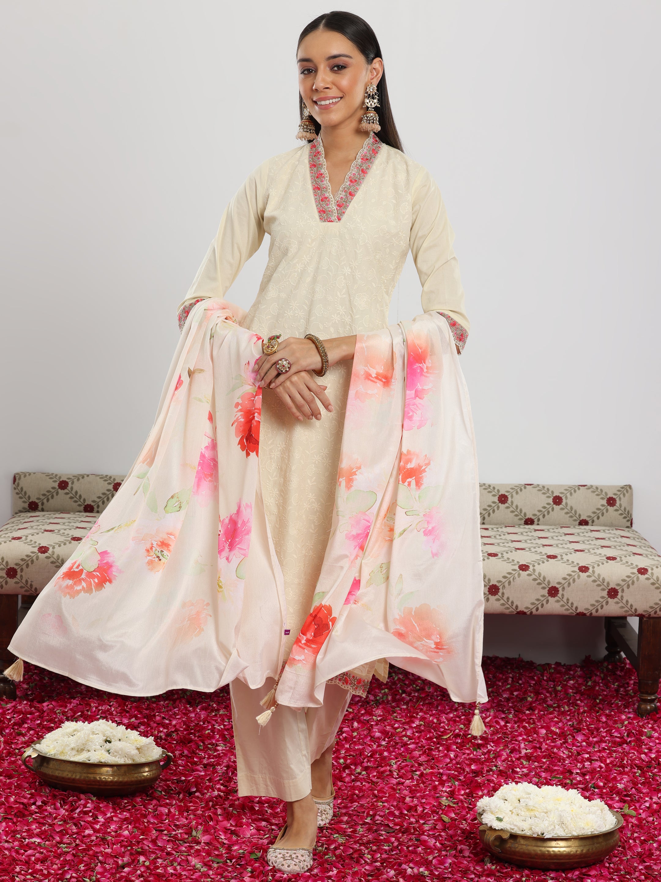 Off White Embroidered Cotton Straight Suit With Dupatta