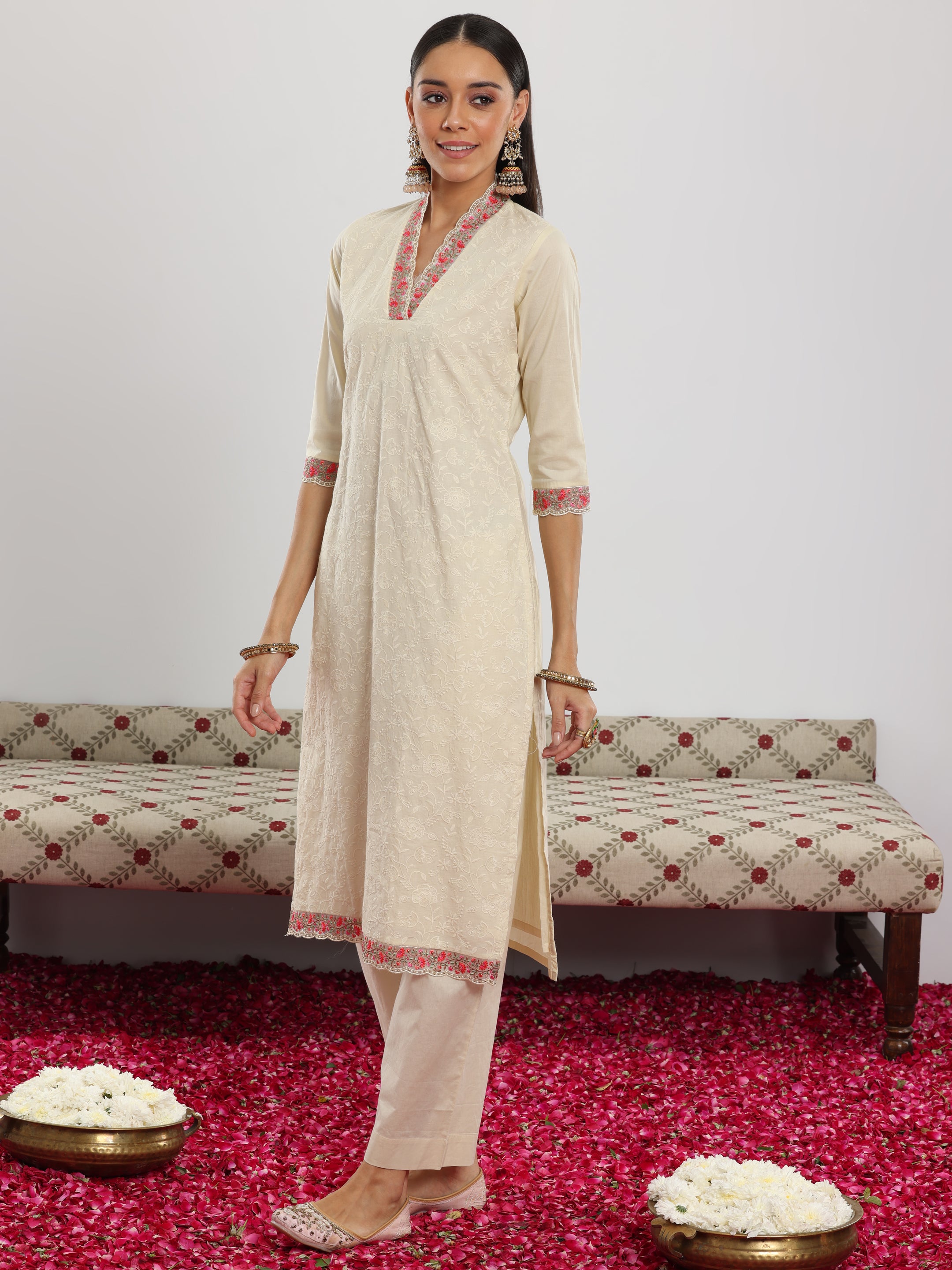 Off White Embroidered Cotton Straight Suit With Dupatta