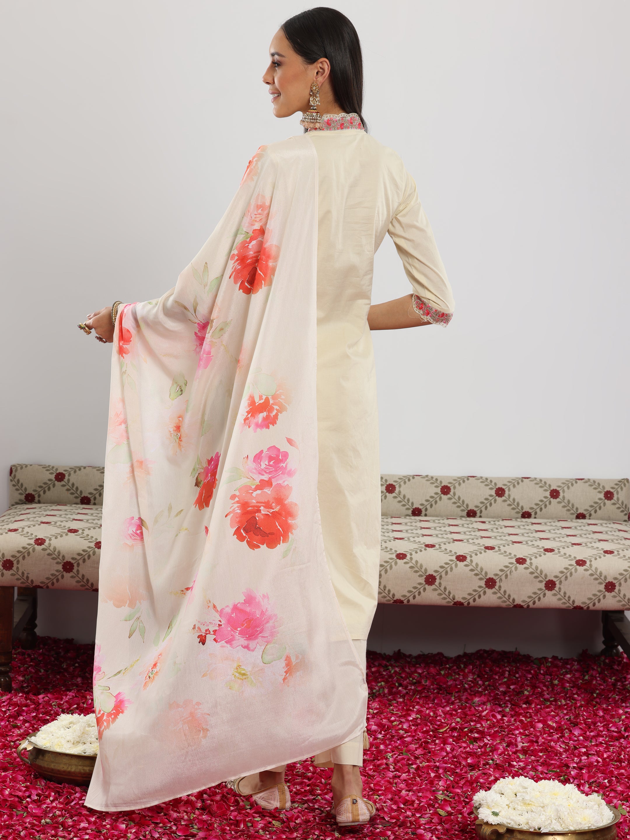 Off White Embroidered Cotton Straight Suit With Dupatta