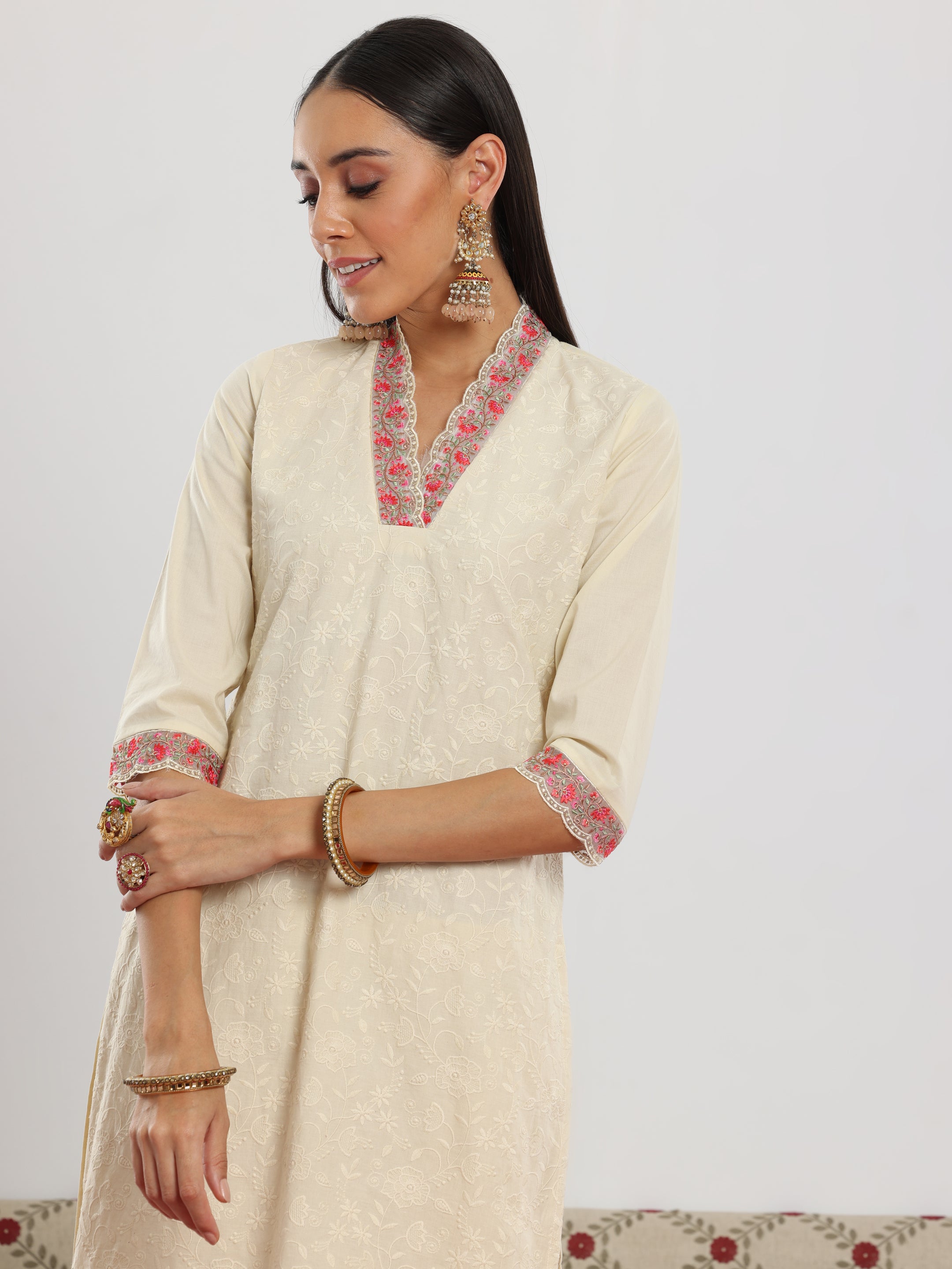 Off White Embroidered Cotton Straight Suit With Dupatta