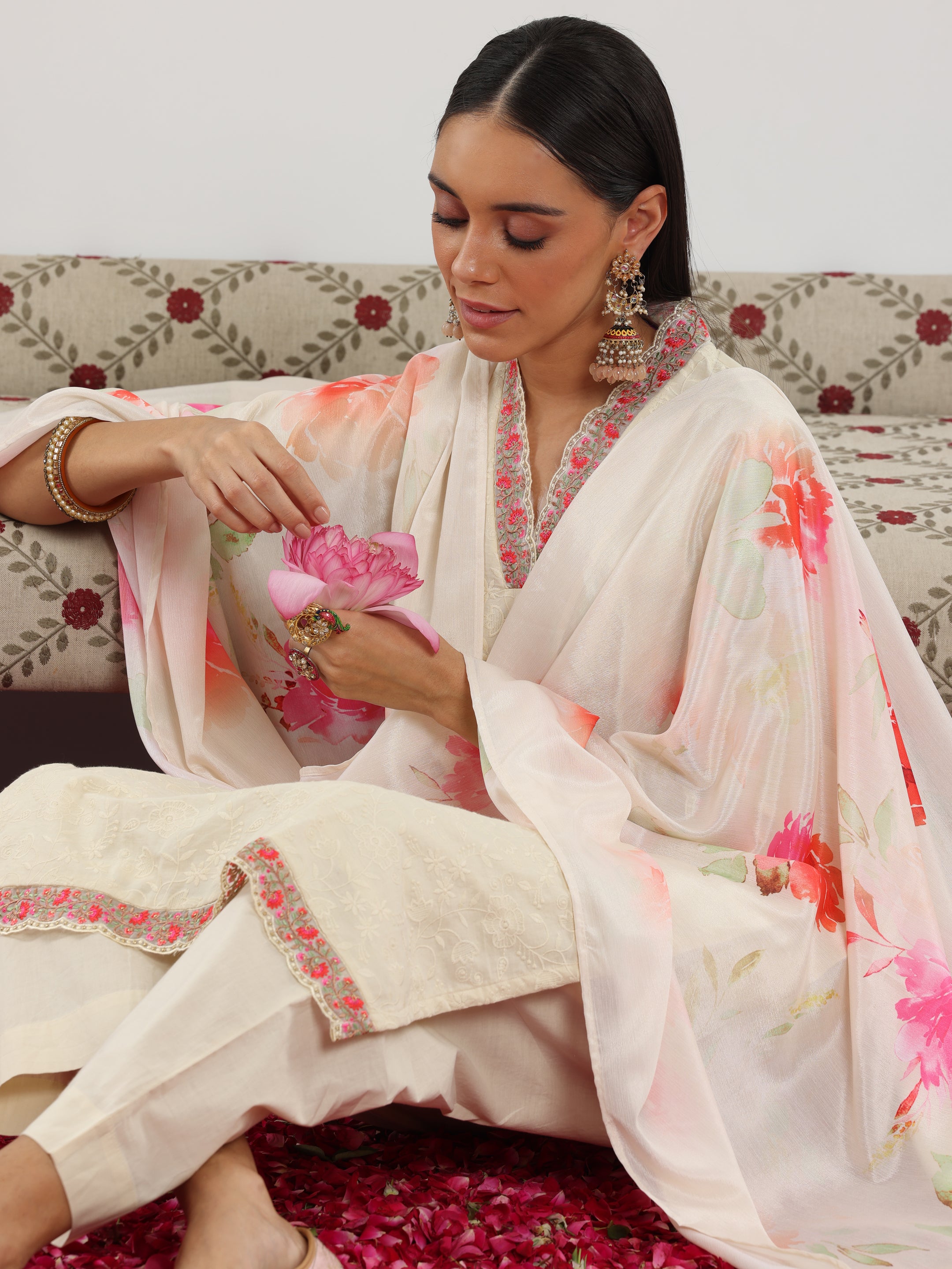 Off White Embroidered Cotton Straight Suit With Dupatta