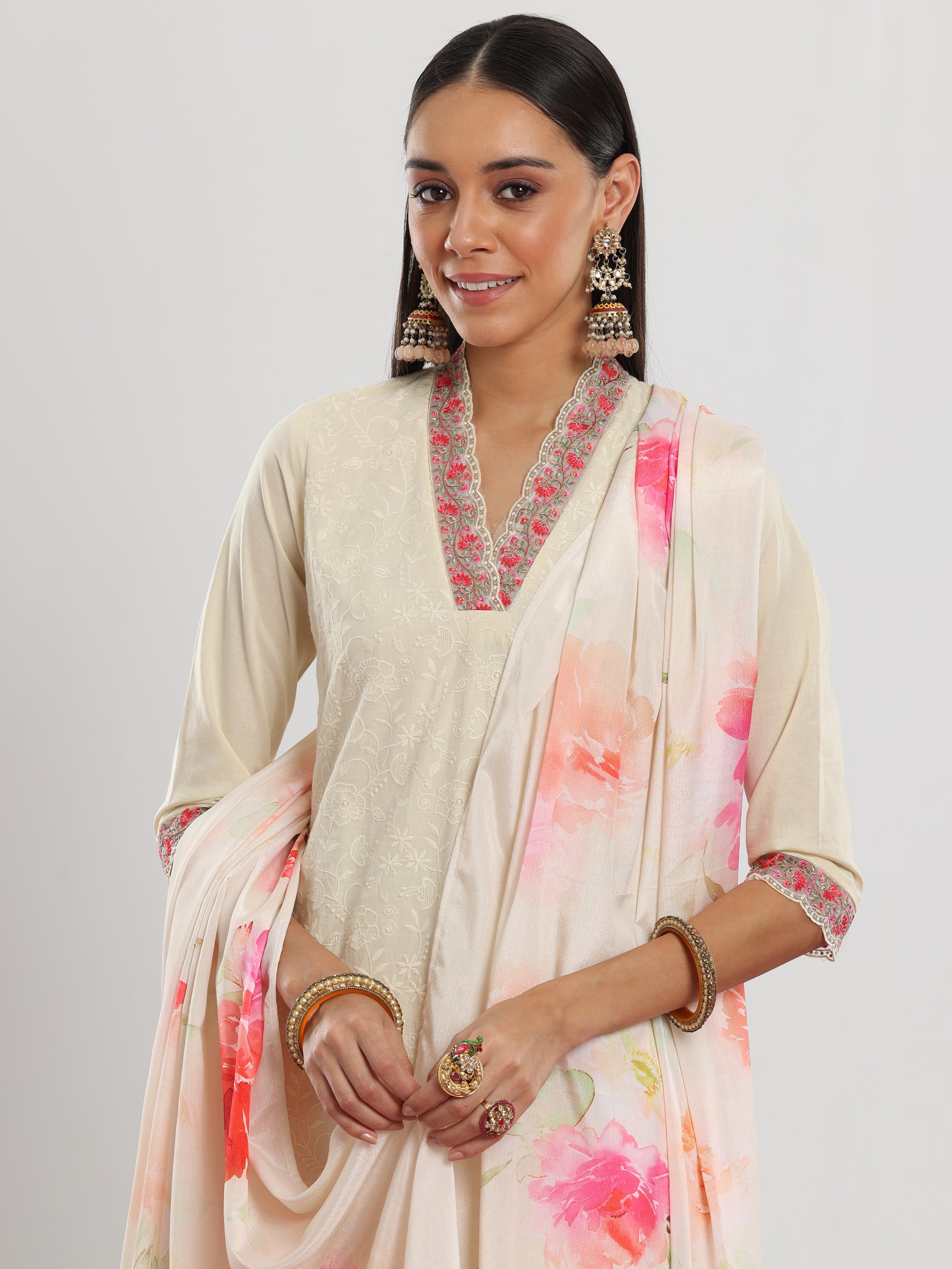 Off White Embroidered Cotton Straight Suit With Dupatta