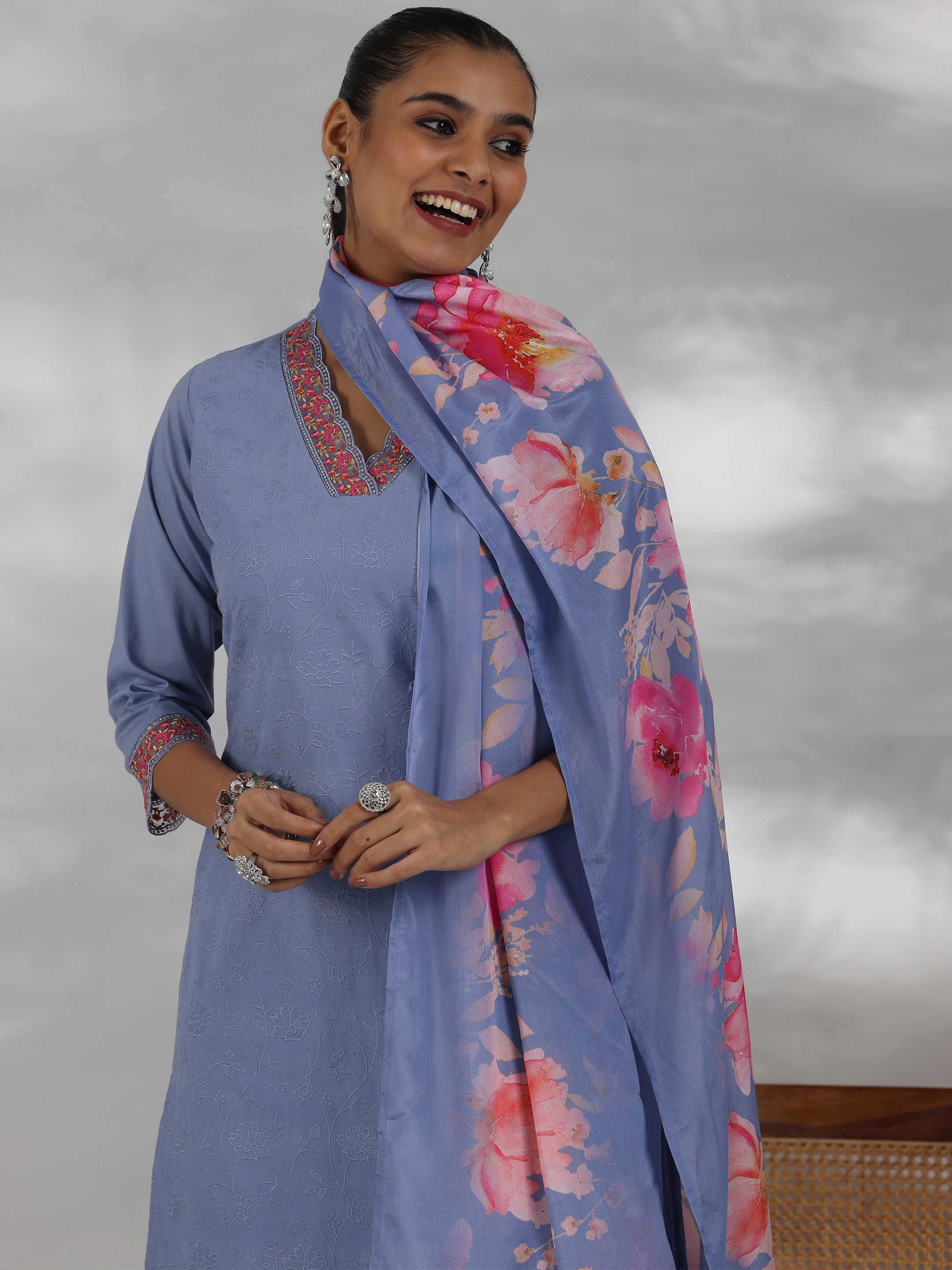 Blue Embroidered Cotton Straight Suit With Dupatta