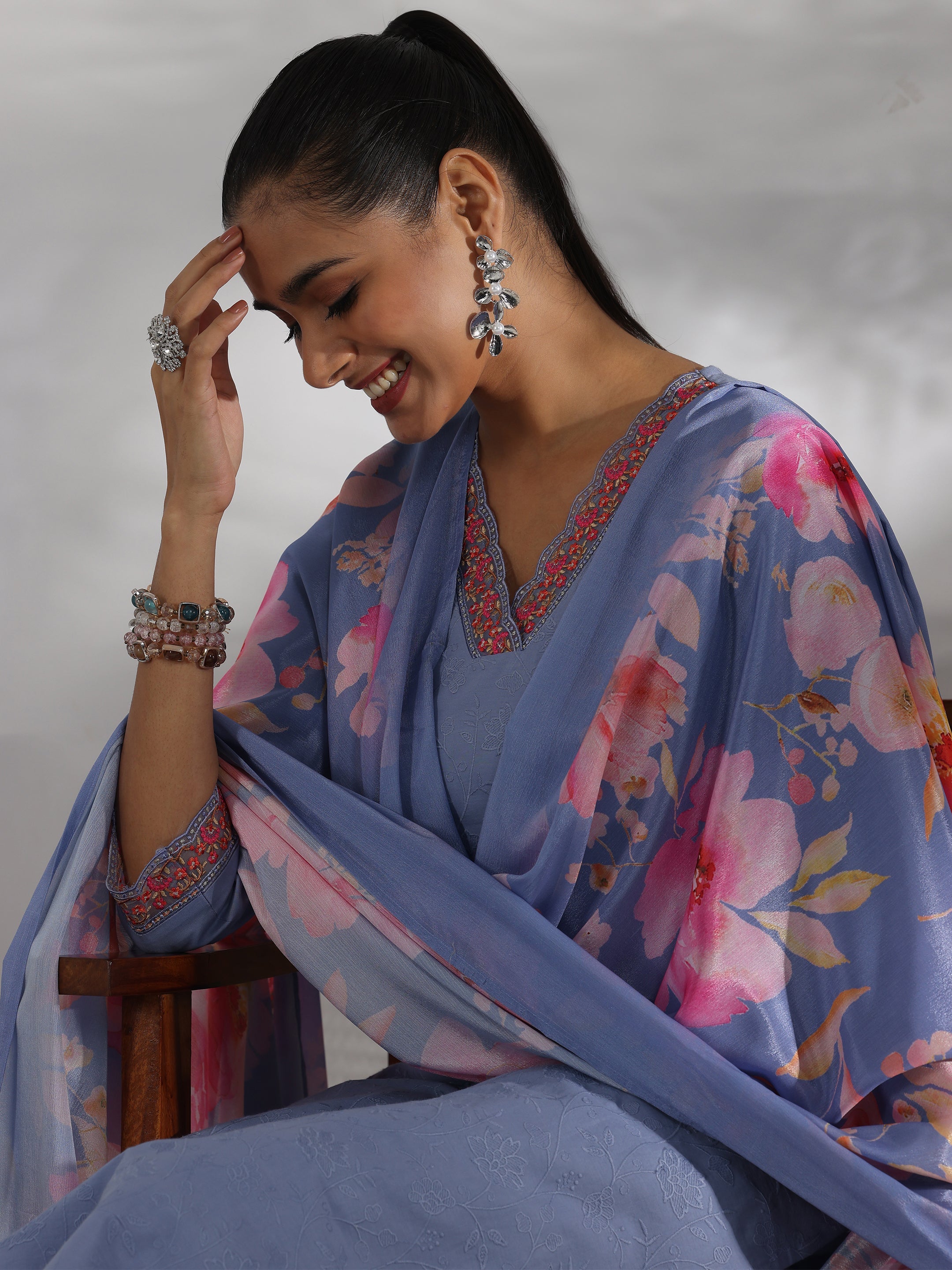 Blue Embroidered Cotton Straight Suit With Dupatta