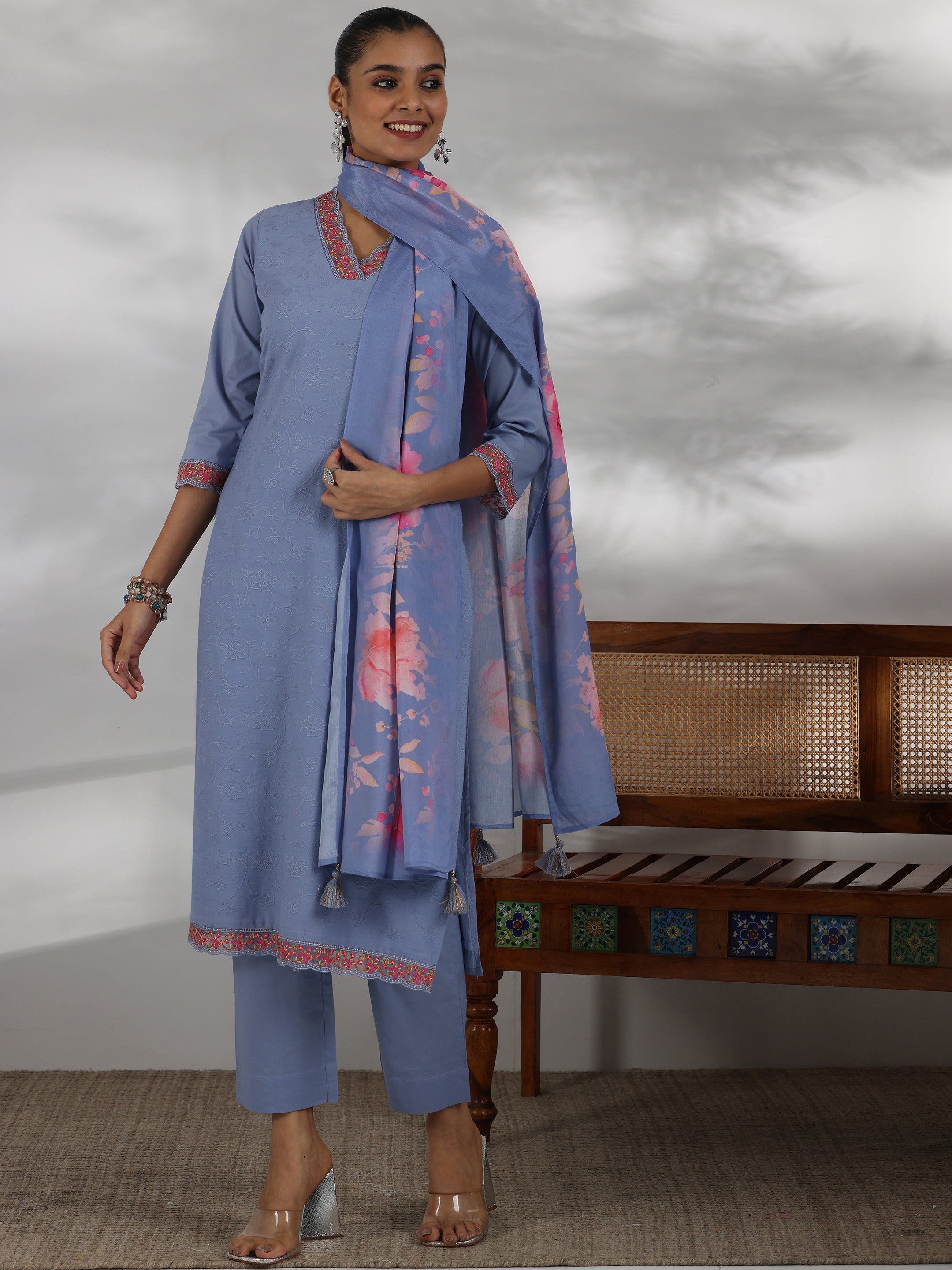 Blue Embroidered Cotton Straight Suit With Dupatta