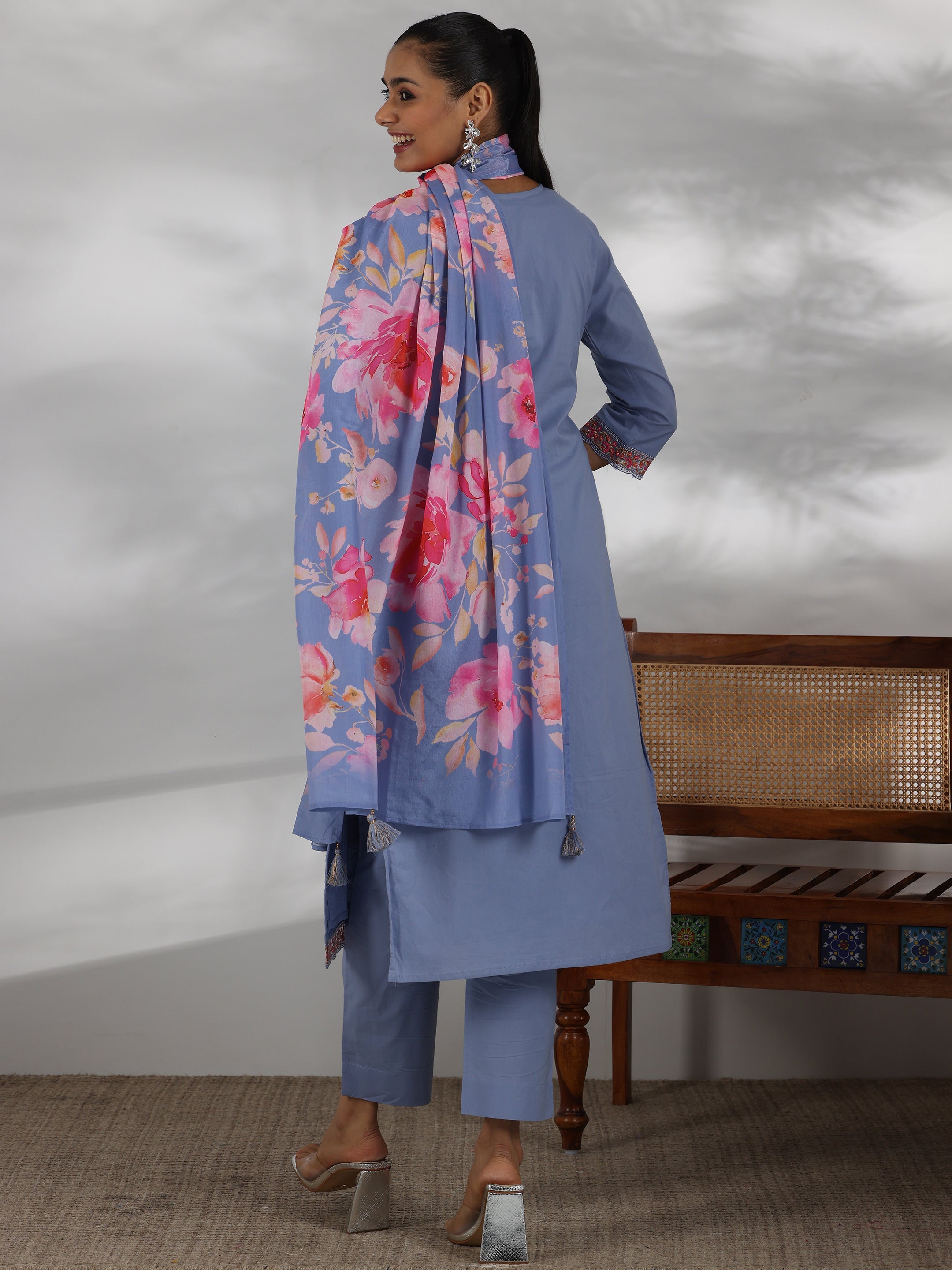 Blue Embroidered Cotton Straight Suit With Dupatta