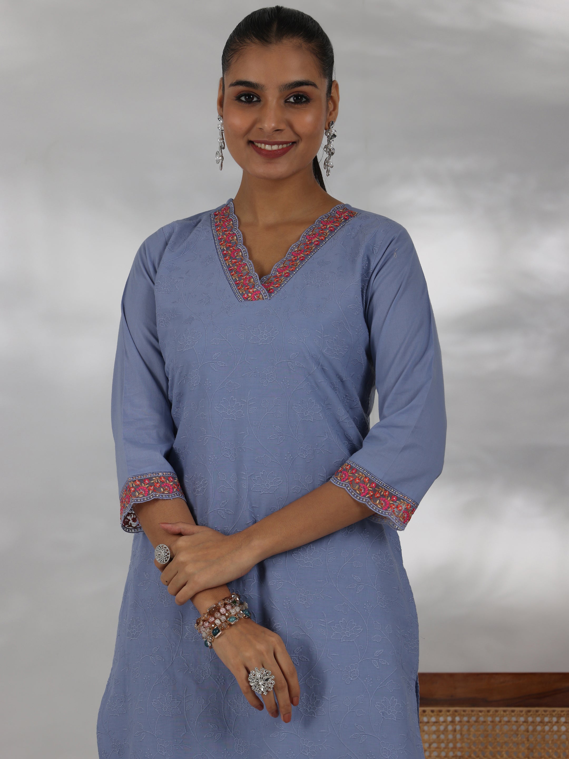 Blue Embroidered Cotton Straight Suit With Dupatta