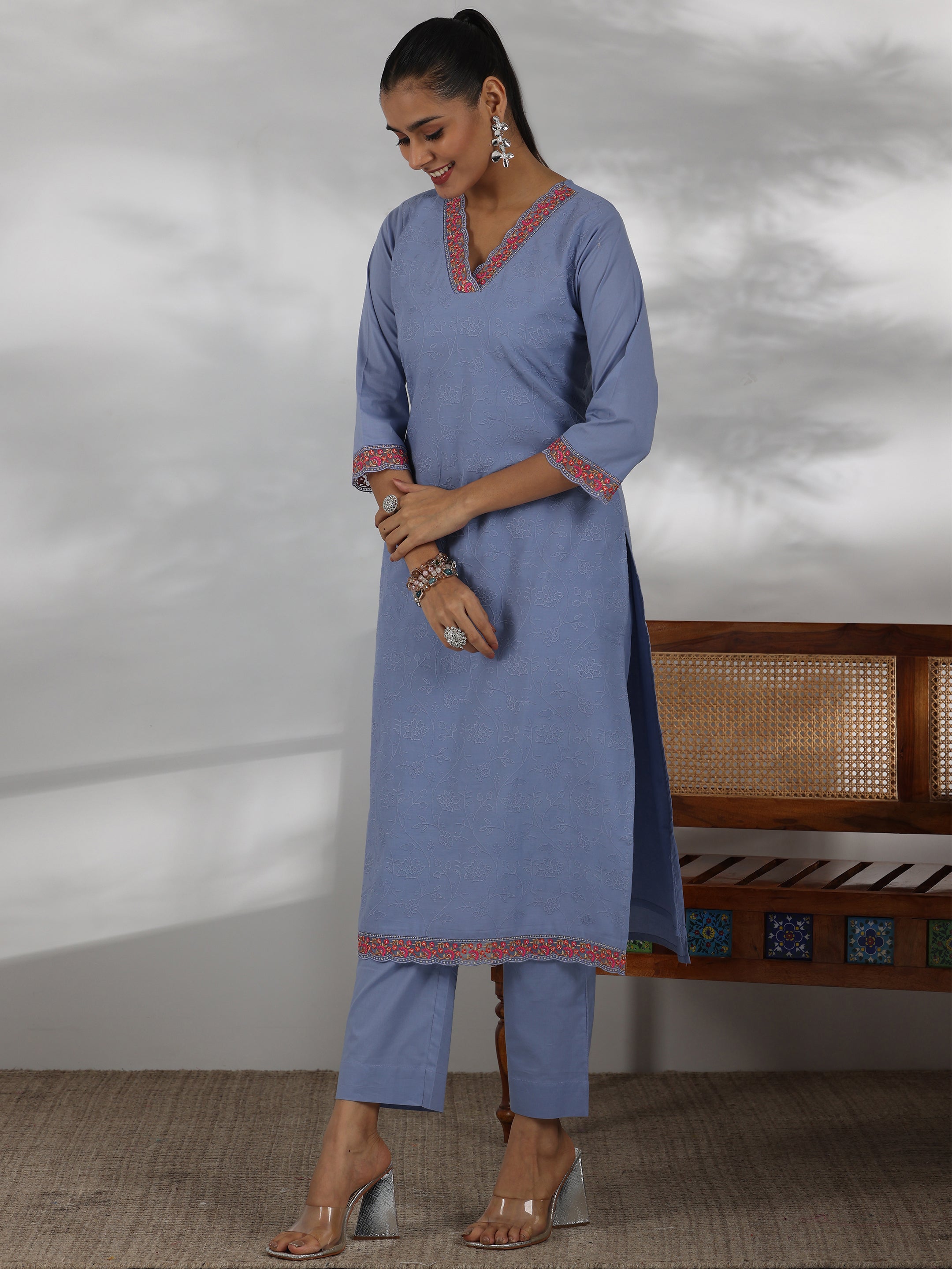 Blue Embroidered Cotton Straight Suit With Dupatta