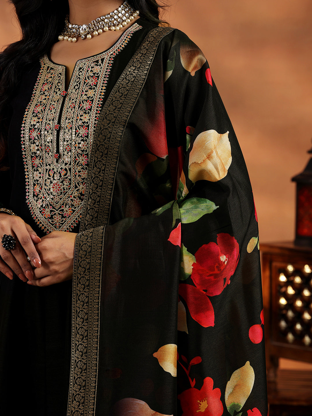 Black Yoke Design Silk Blend A-Line Kurta With Trousers & Dupatta