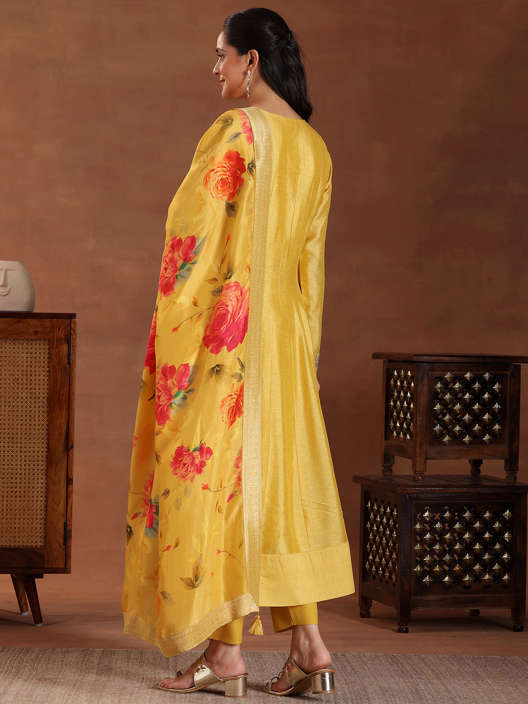 Yellow Yoke Design Silk Blend A-Line Kurta With Trousers & Dupatta