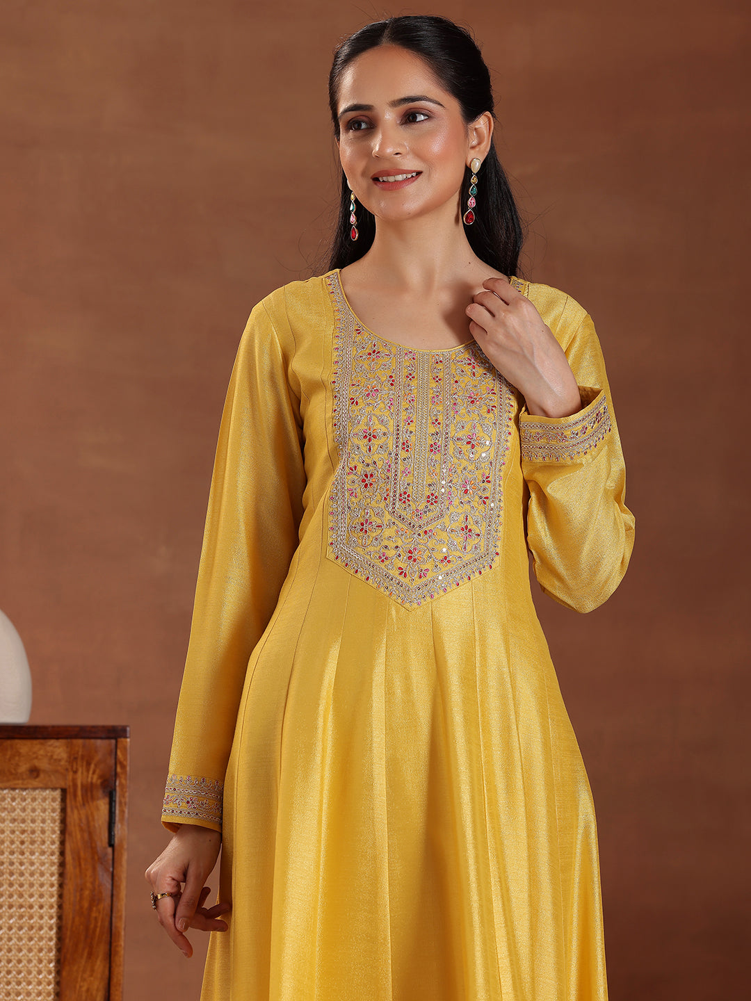 Yellow Yoke Design Silk Blend A-Line Kurta With Trousers & Dupatta