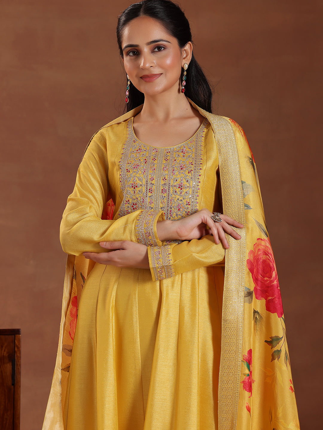 Yellow Yoke Design Silk Blend A-Line Kurta With Trousers & Dupatta