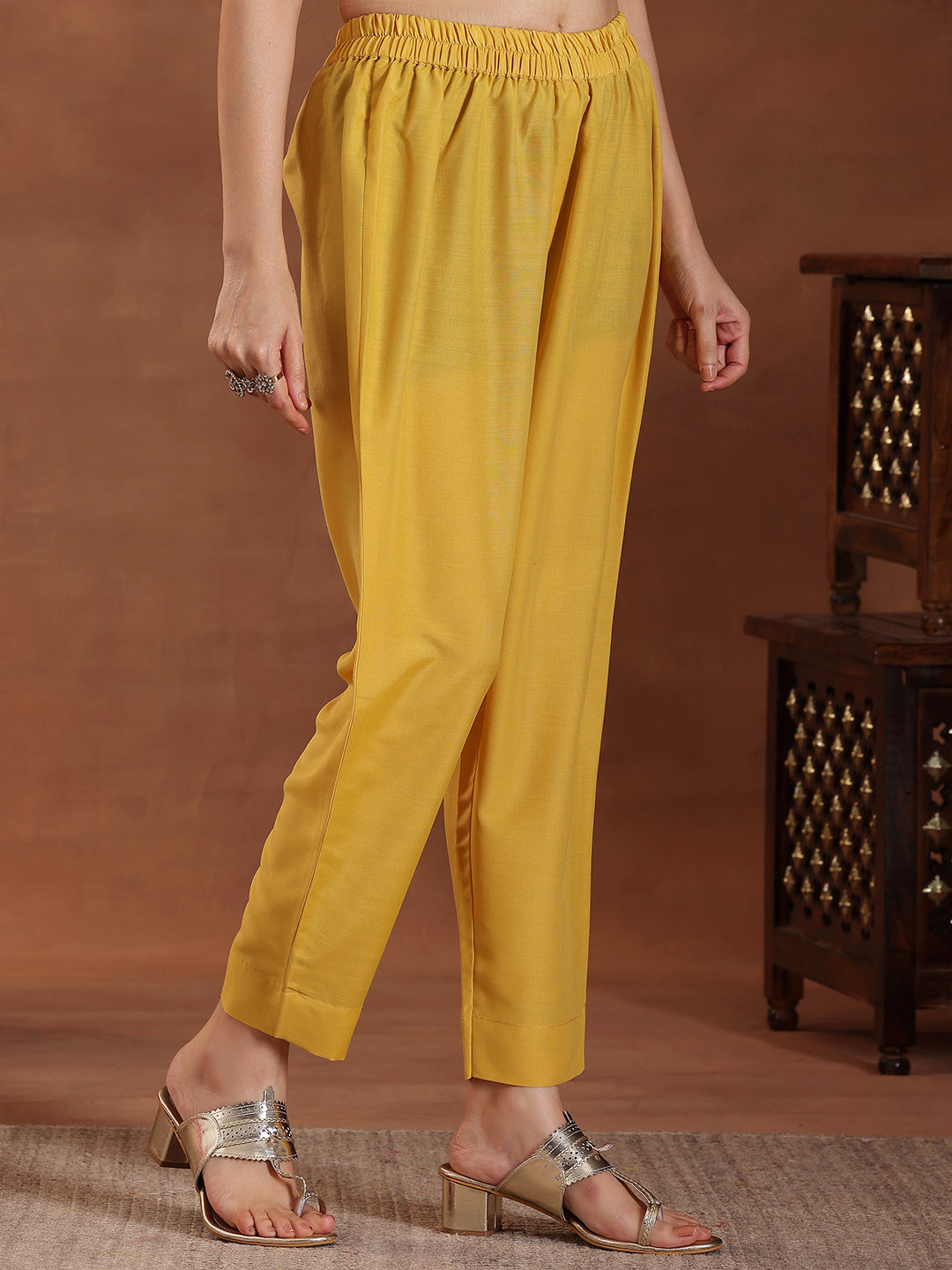 Yellow Yoke Design Silk Blend A-Line Kurta With Trousers & Dupatta