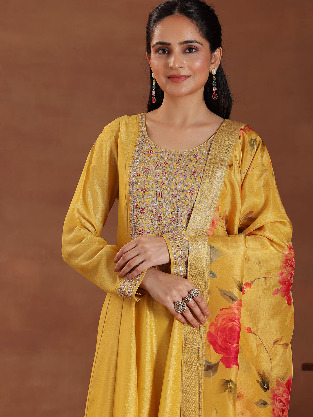 Yellow Yoke Design Silk Blend A-Line Kurta With Trousers & Dupatta