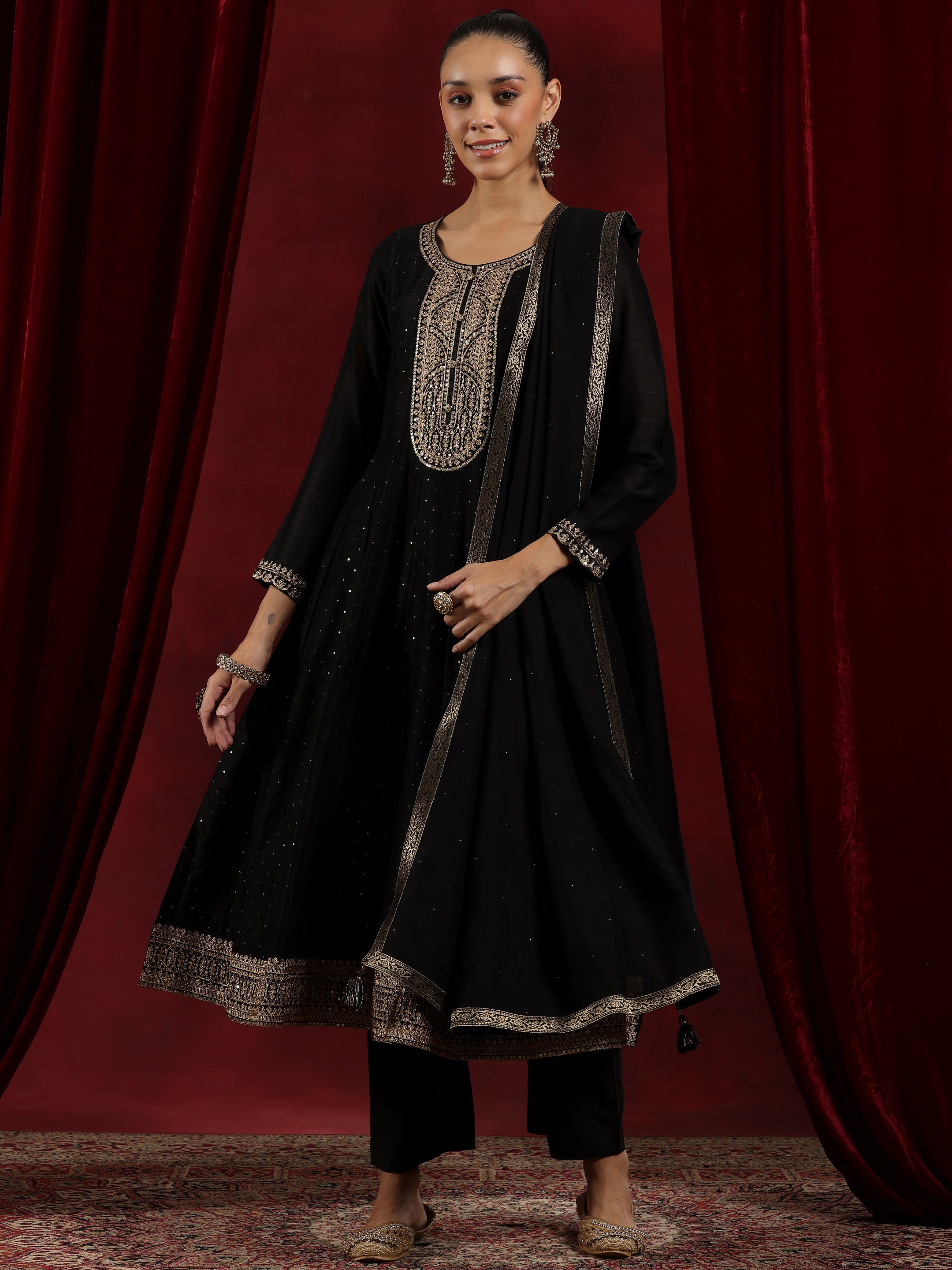 Libas Art Black Embroidered Silk Blend A-Line Kurta With Trousers & Dupatta