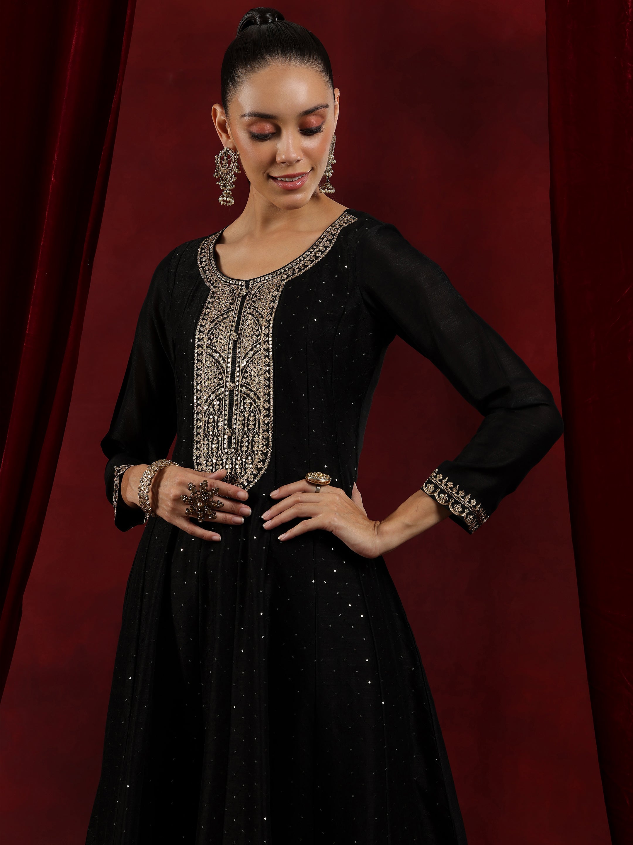 Libas Art Black Embroidered Silk Blend A-Line Kurta With Trousers & Dupatta