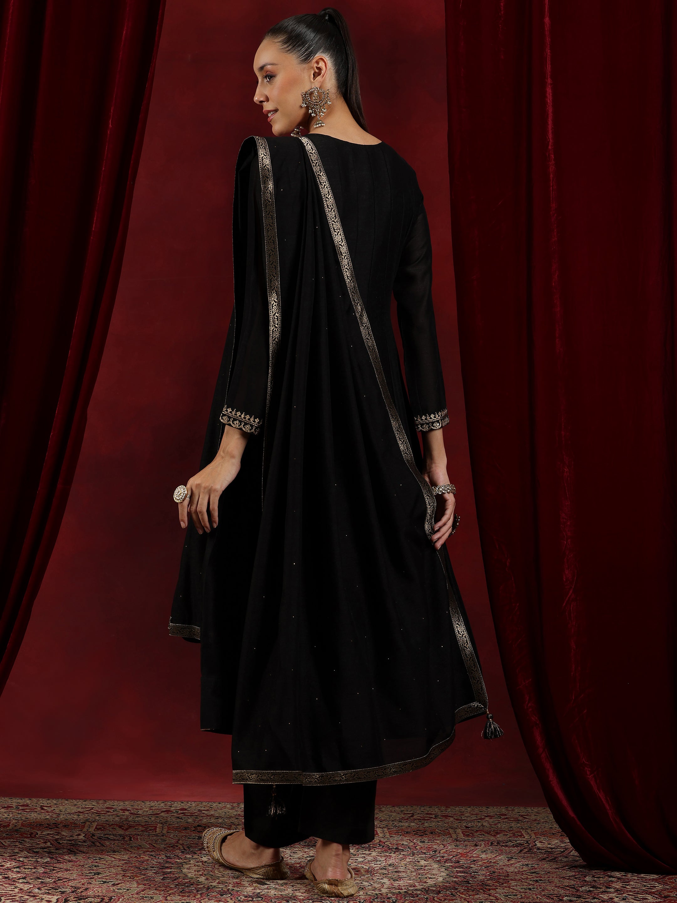 Libas Art Black Embroidered Silk Blend A-Line Kurta With Trousers & Dupatta