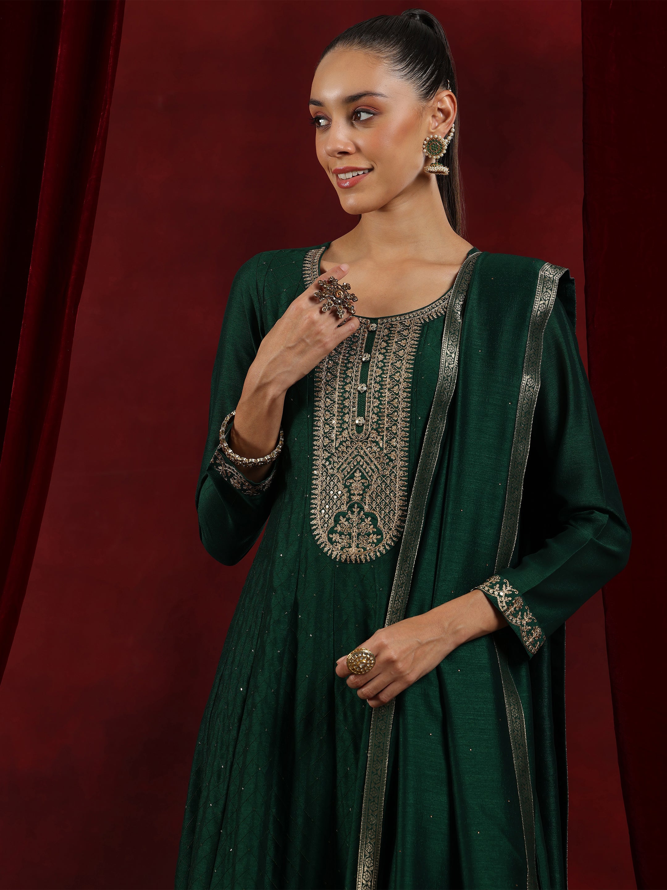 Libas Art Green Embroidered Silk Blend A-Line Kurta With Trousers & Dupatta