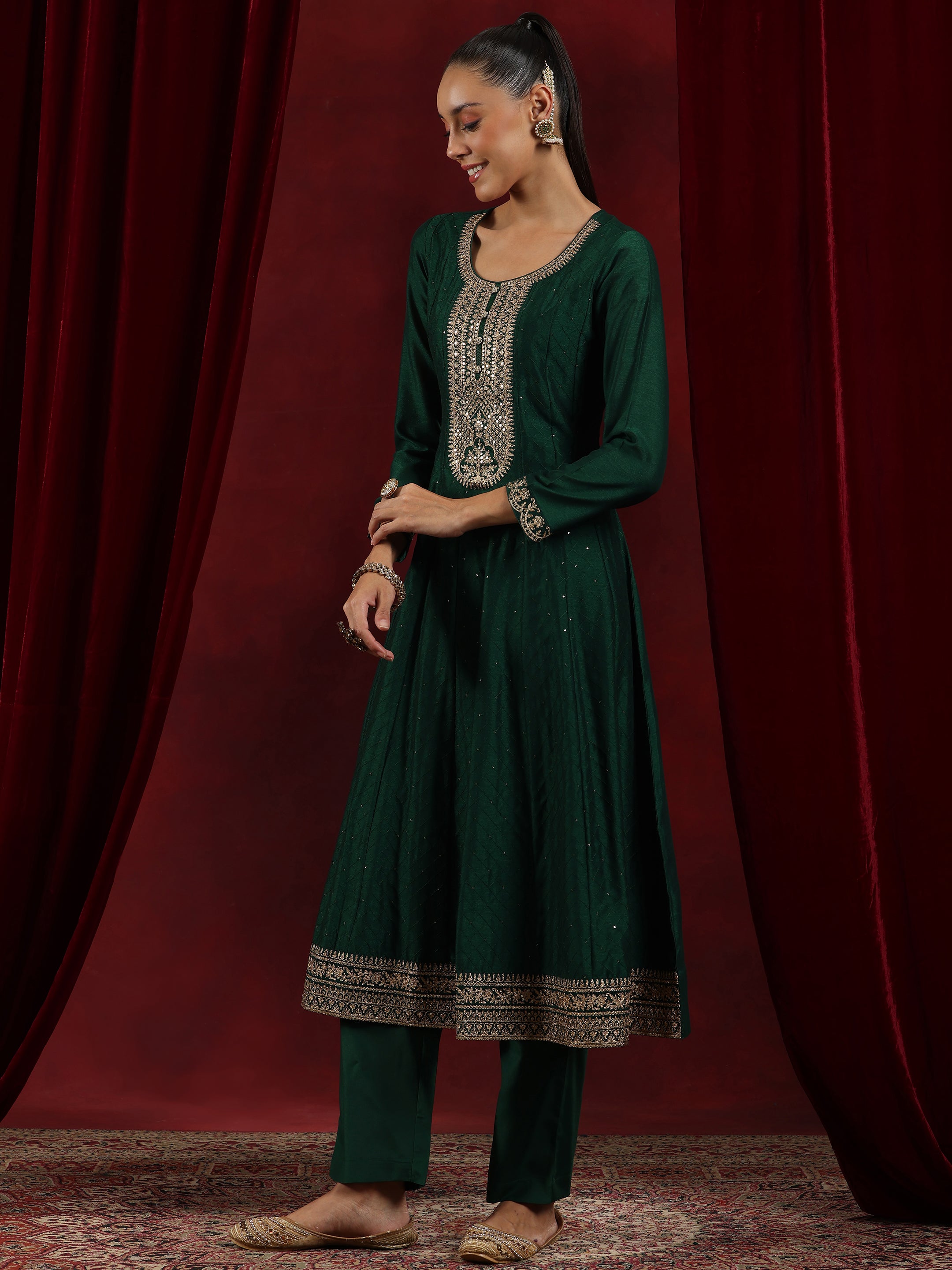 Libas Art Green Embroidered Silk Blend A-Line Kurta With Trousers & Dupatta