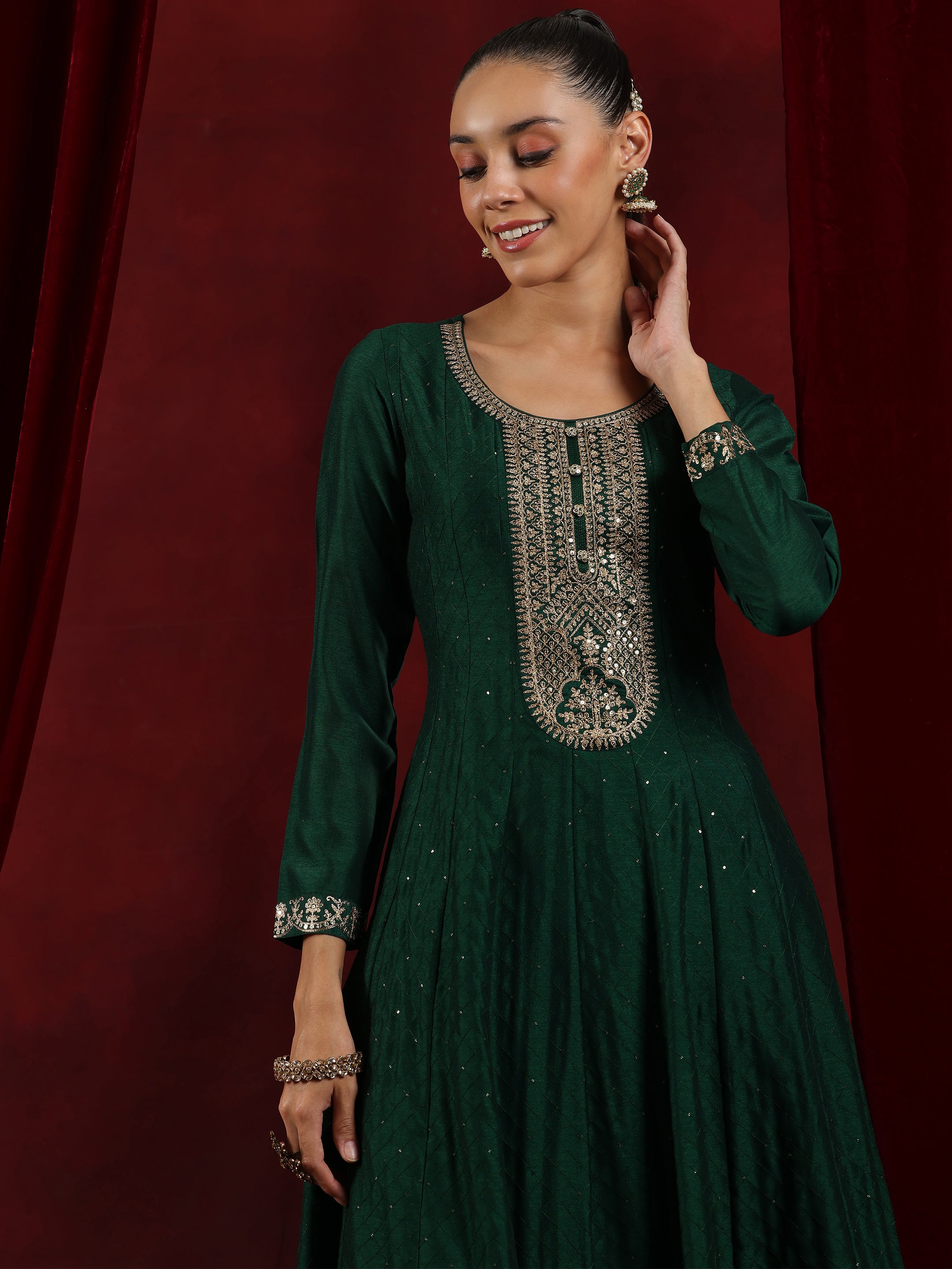 Libas Art Green Embroidered Silk Blend A-Line Kurta With Trousers & Dupatta