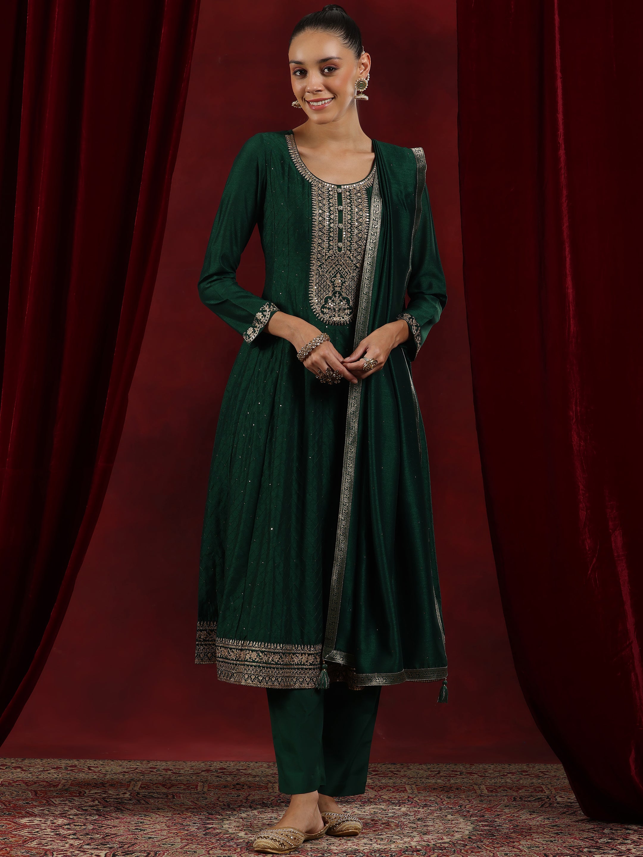 Libas Art Green Embroidered Silk Blend A-Line Kurta With Trousers & Dupatta