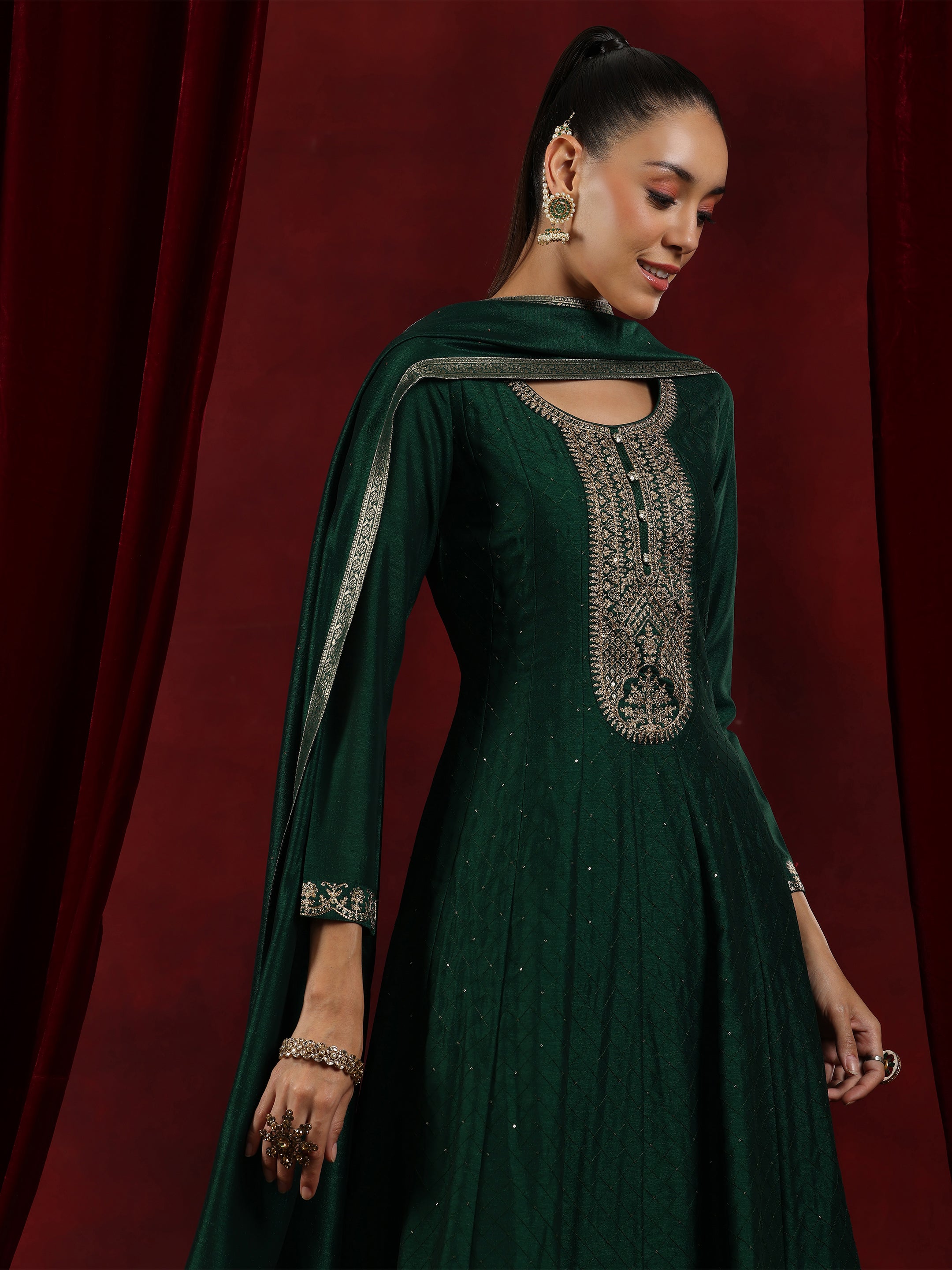 Libas Art Green Embroidered Silk Blend A-Line Kurta With Trousers & Dupatta