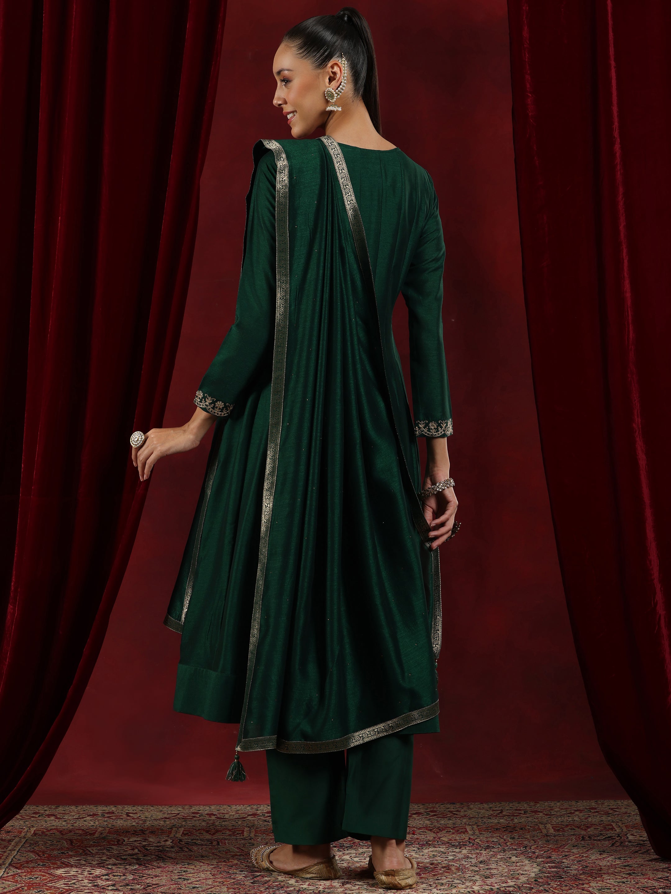 Libas Art Green Embroidered Silk Blend A-Line Kurta With Trousers & Dupatta