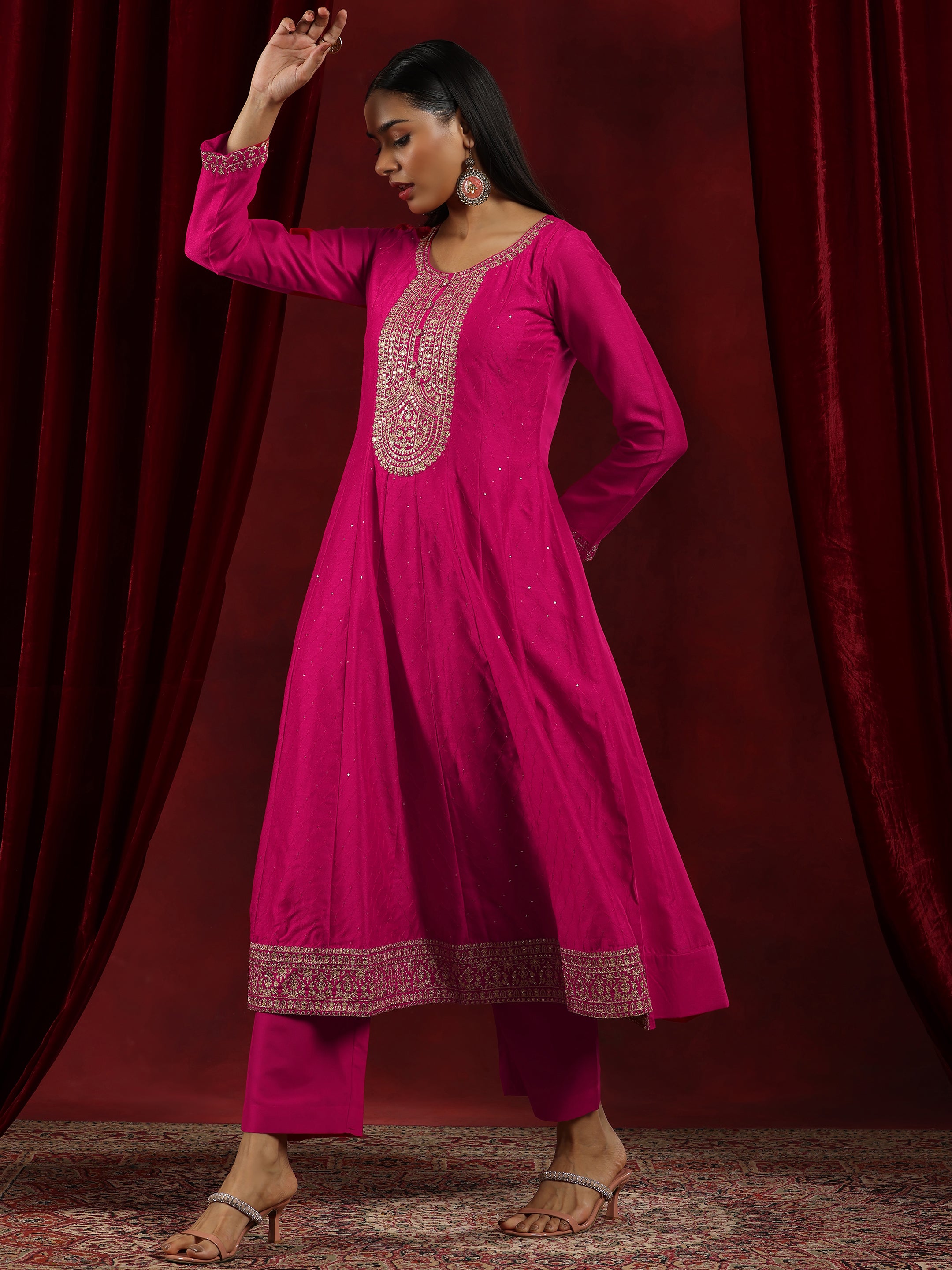 Libas Art Pink Embroidered Silk Blend A-Line Kurta With Trousers & Dupatta