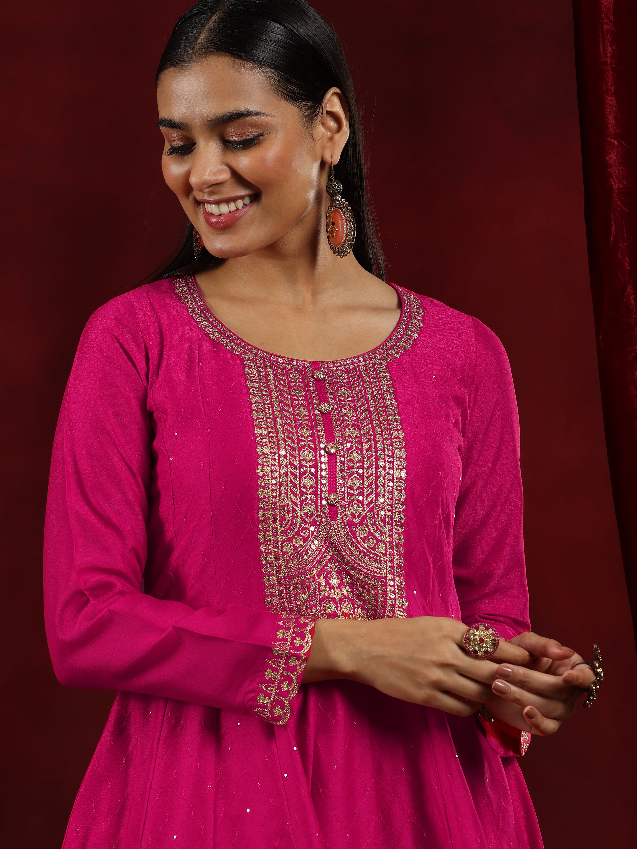 Libas Art Pink Embroidered Silk Blend A-Line Kurta With Trousers & Dupatta