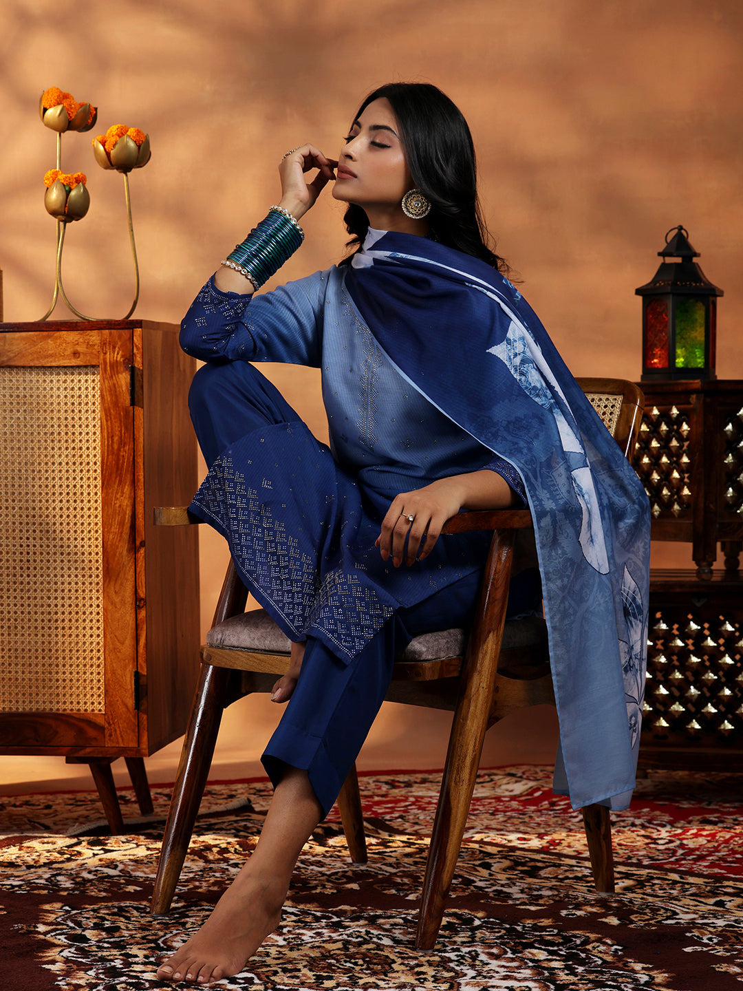 Blue Self Design Cotton Blend Straight Suit With Dupatta