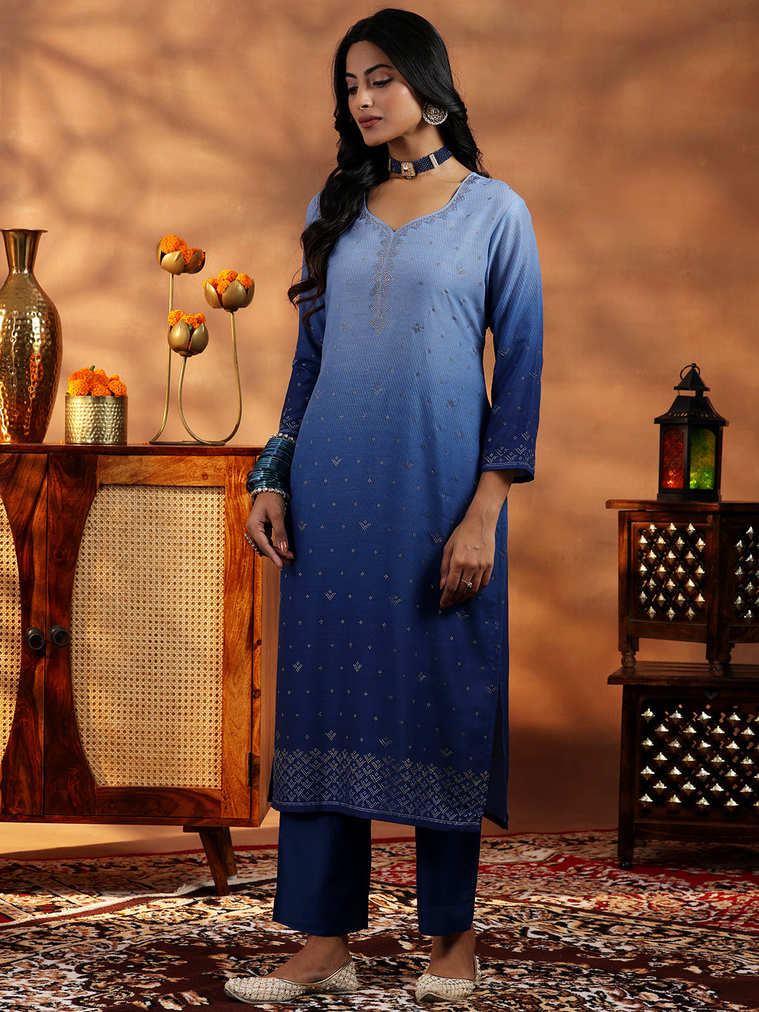 Blue Self Design Cotton Blend Straight Suit With Dupatta