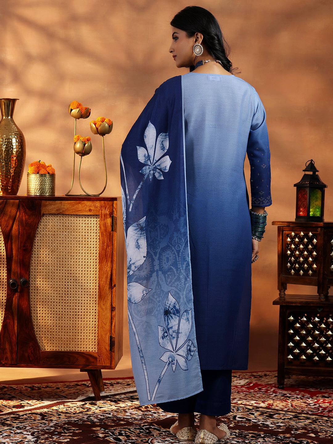 Blue Self Design Cotton Blend Straight Suit With Dupatta