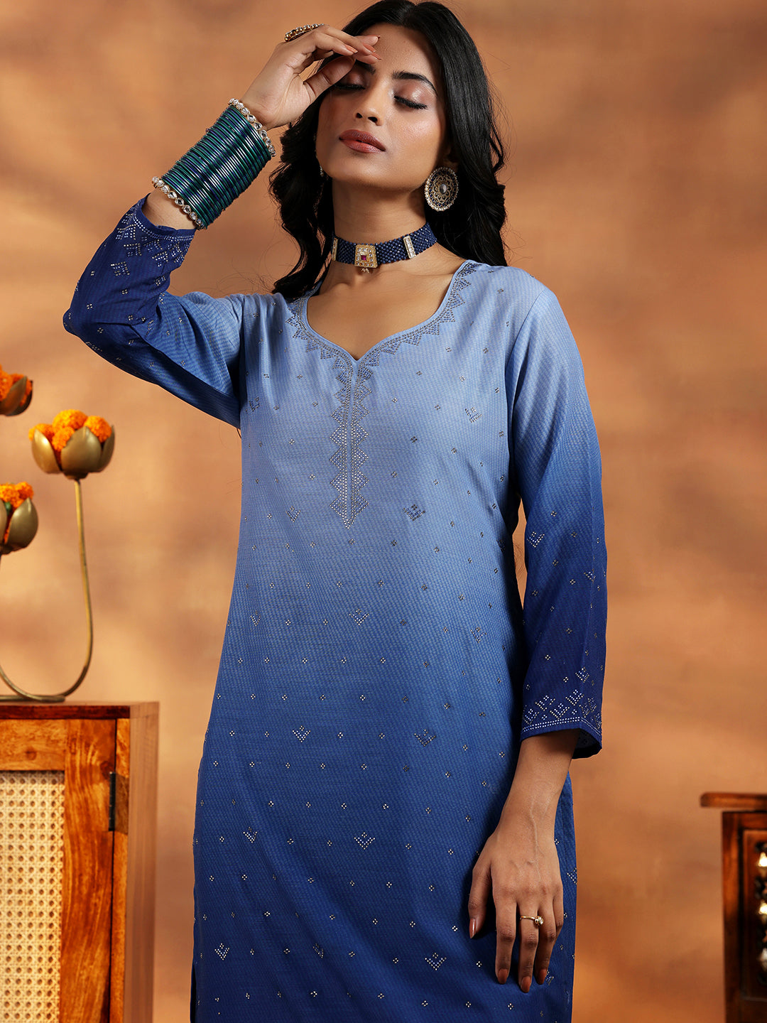 Blue Self Design Cotton Blend Straight Suit With Dupatta