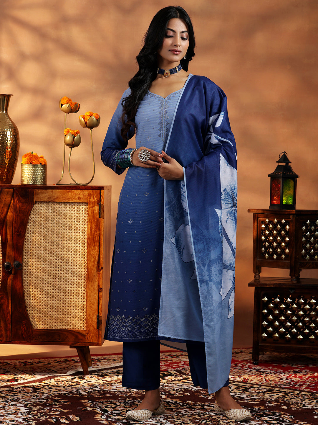 Blue Self Design Cotton Blend Straight Suit With Dupatta