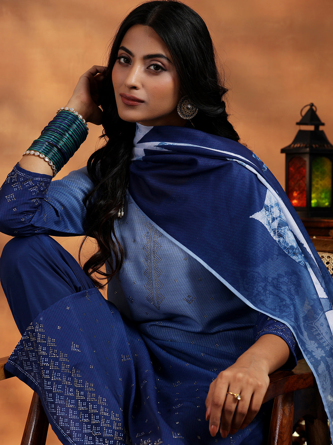 Blue Self Design Cotton Blend Straight Suit With Dupatta