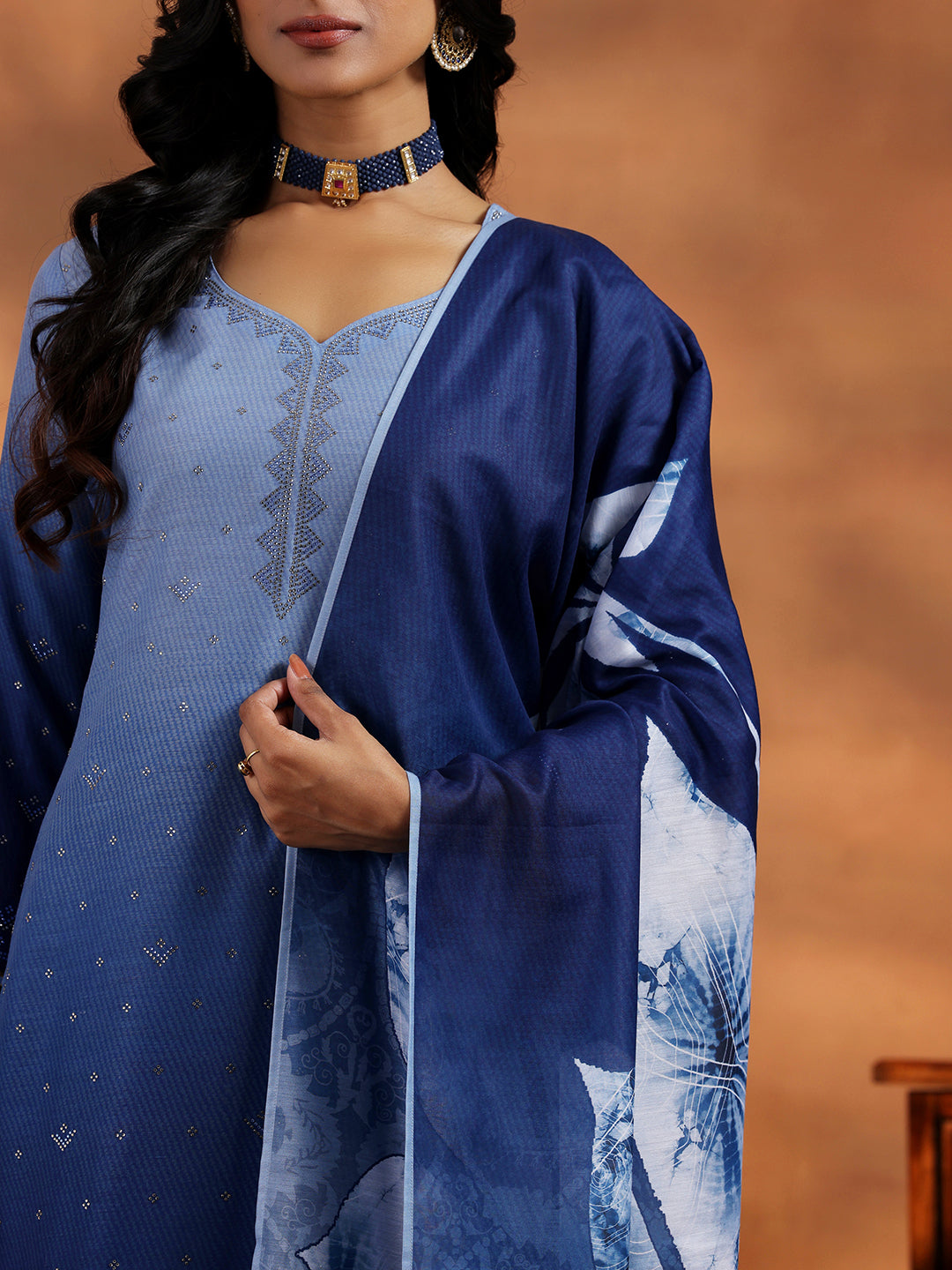 Blue Self Design Cotton Blend Straight Suit With Dupatta