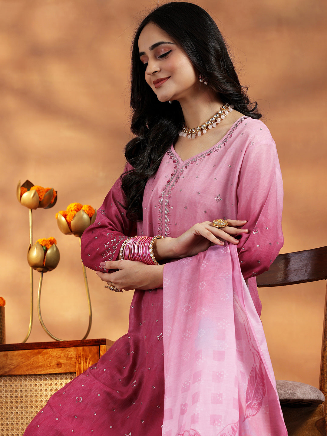 Pink Self Design Cotton Blend Straight Suit With Dupatta