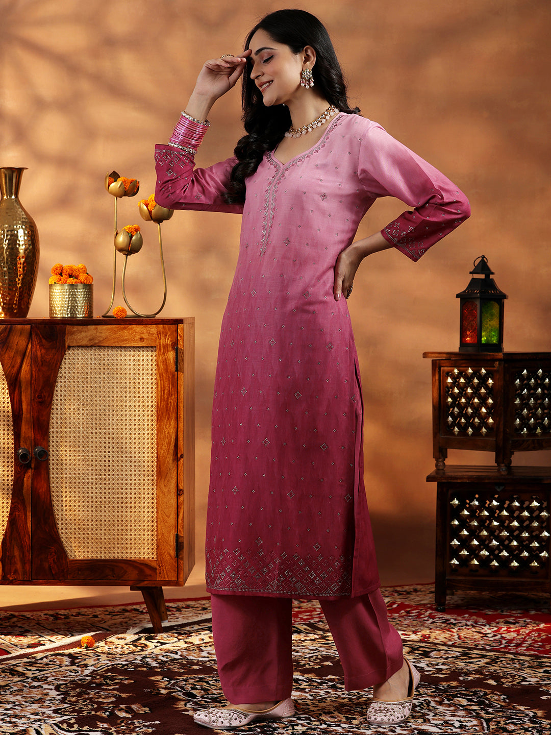 Pink Self Design Cotton Blend Straight Suit With Dupatta