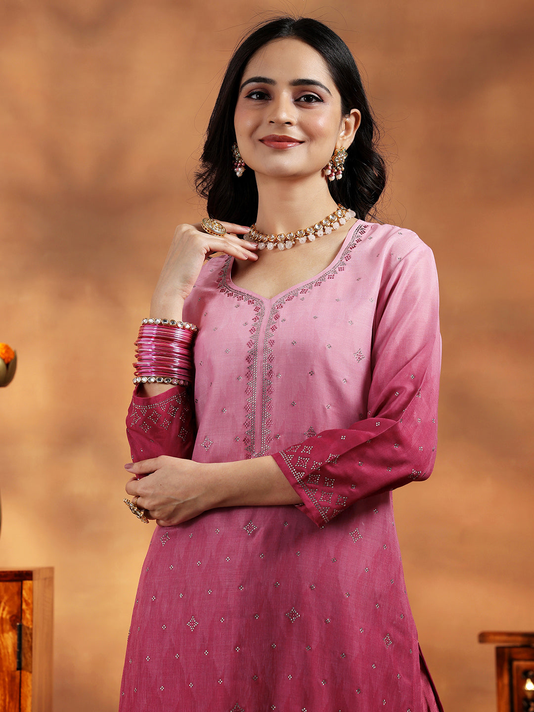 Pink Self Design Cotton Blend Straight Suit With Dupatta