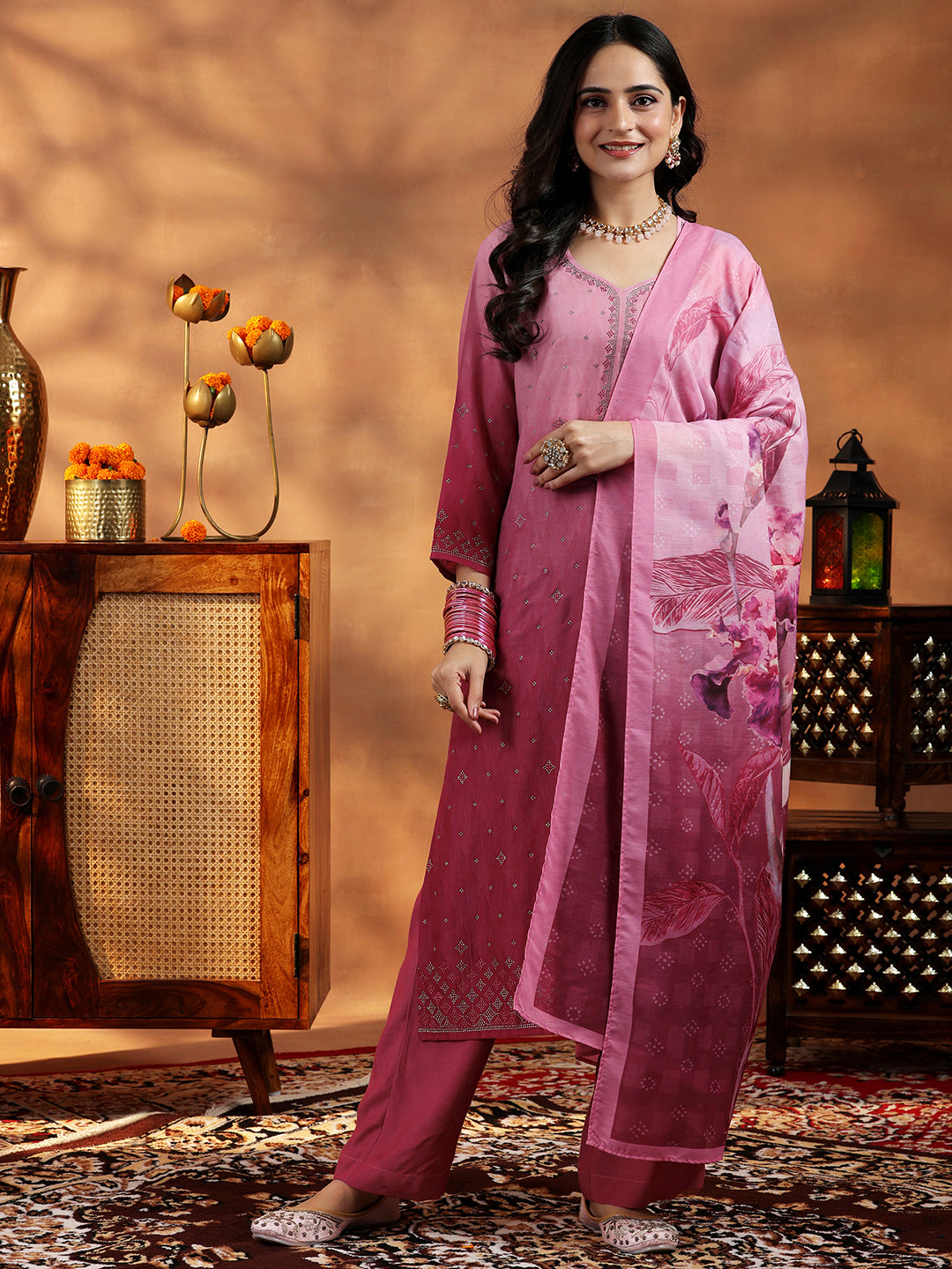 Pink Self Design Cotton Blend Straight Suit With Dupatta