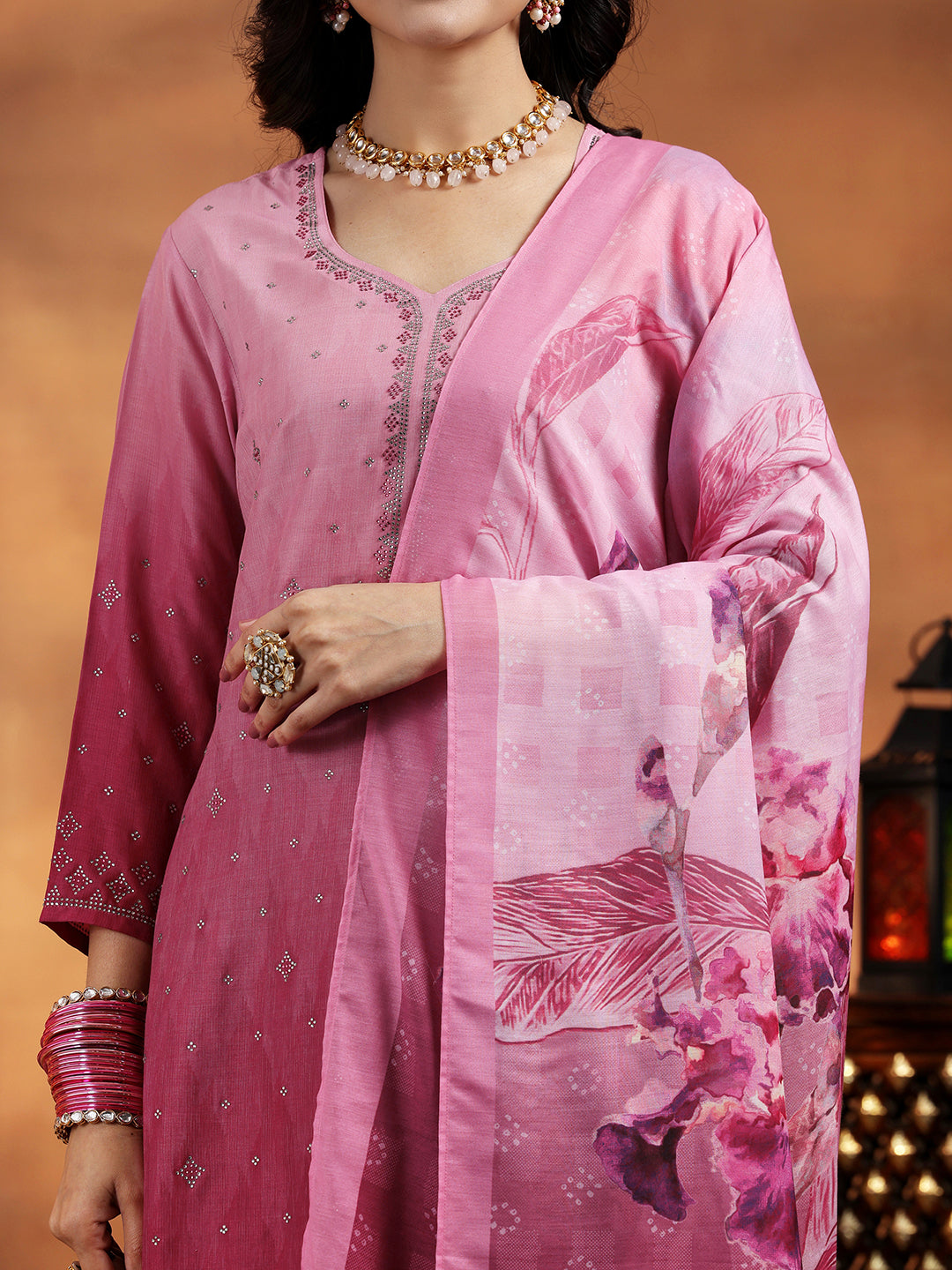 Pink Self Design Cotton Blend Straight Suit With Dupatta