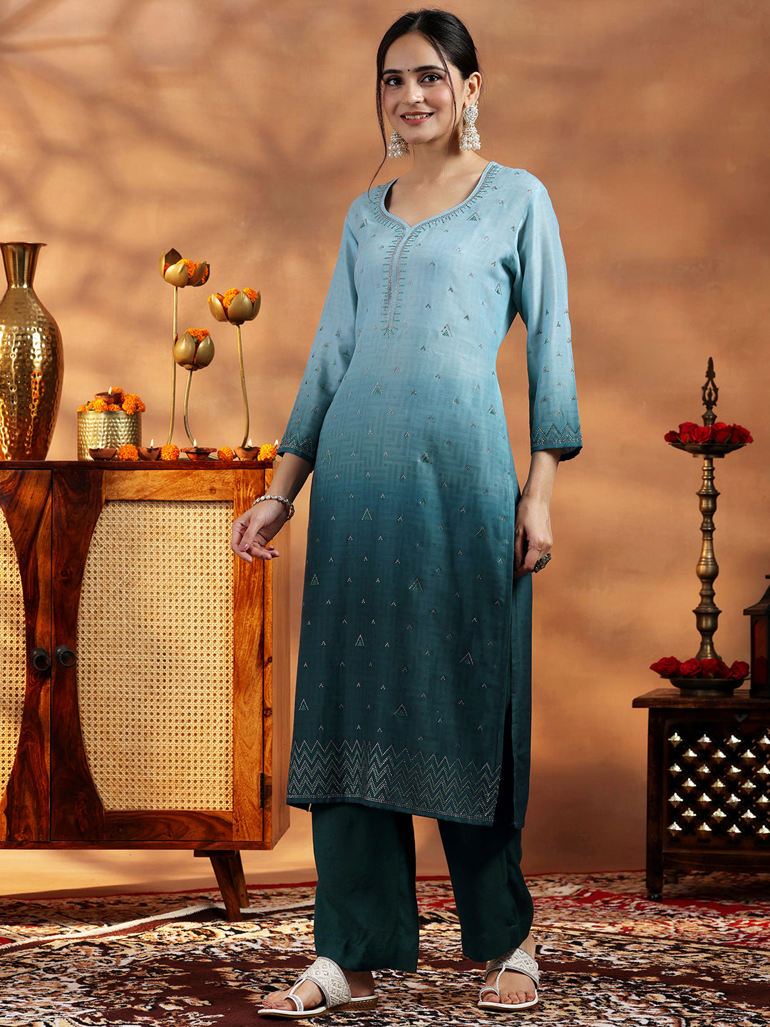 Green Self Design Cotton Blend Straight Suit With Dupatta