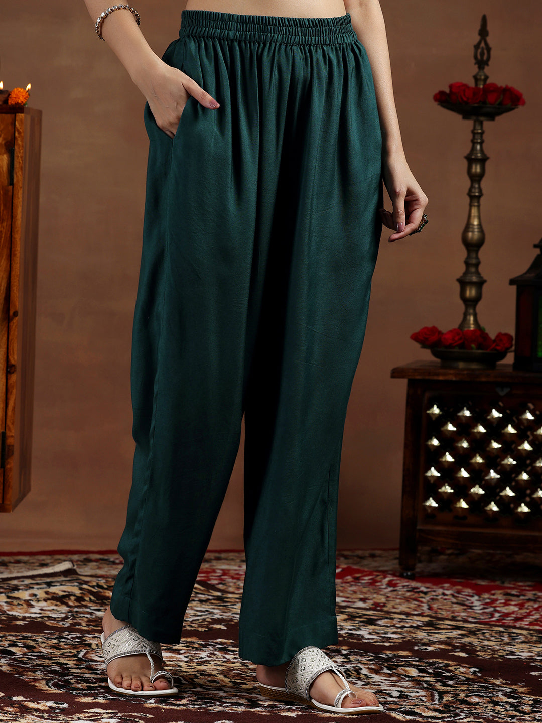 Green Self Design Cotton Blend Straight Suit With Dupatta